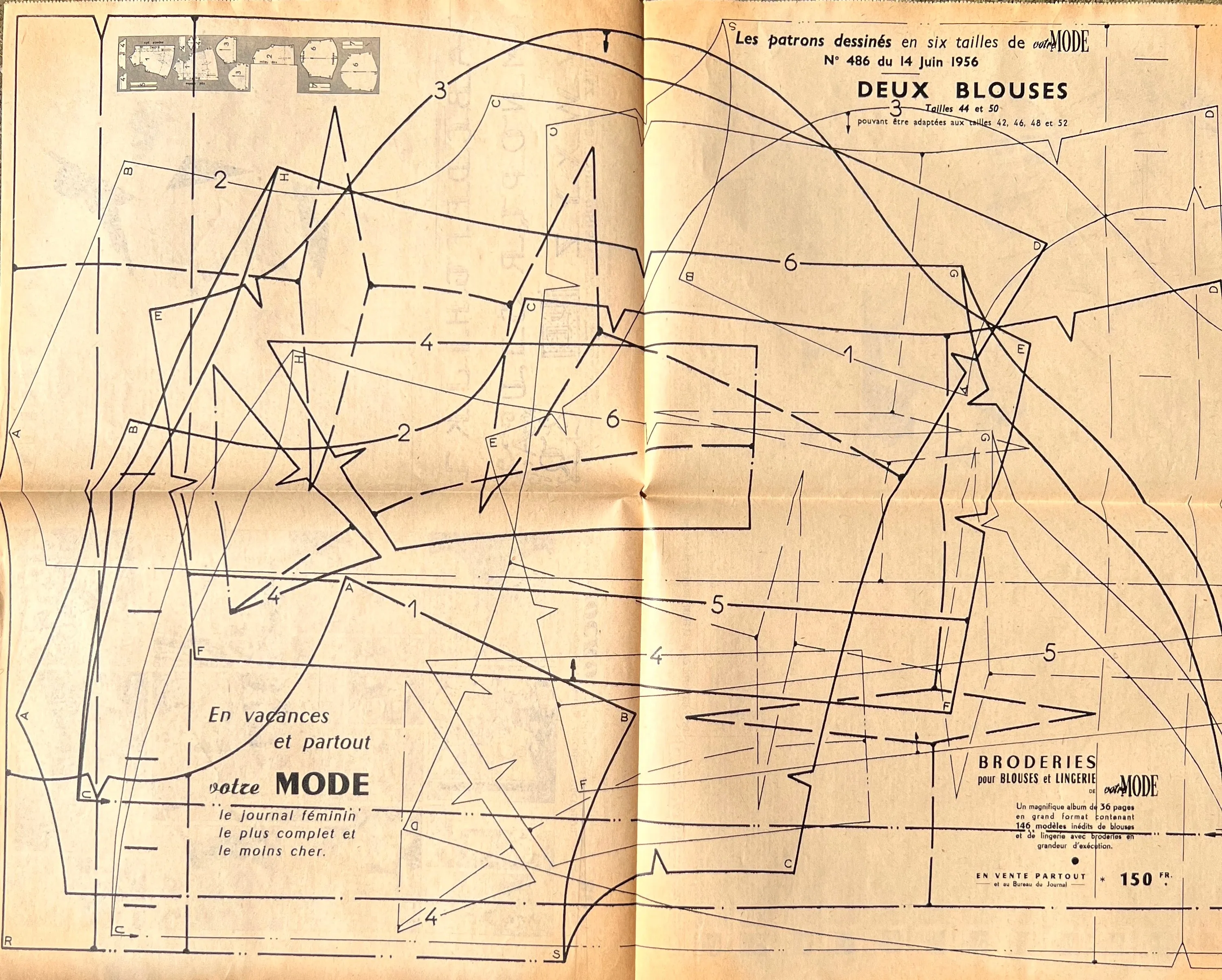 14th June 1956 French Magazine Votre Mode incl. Blouse Patterns