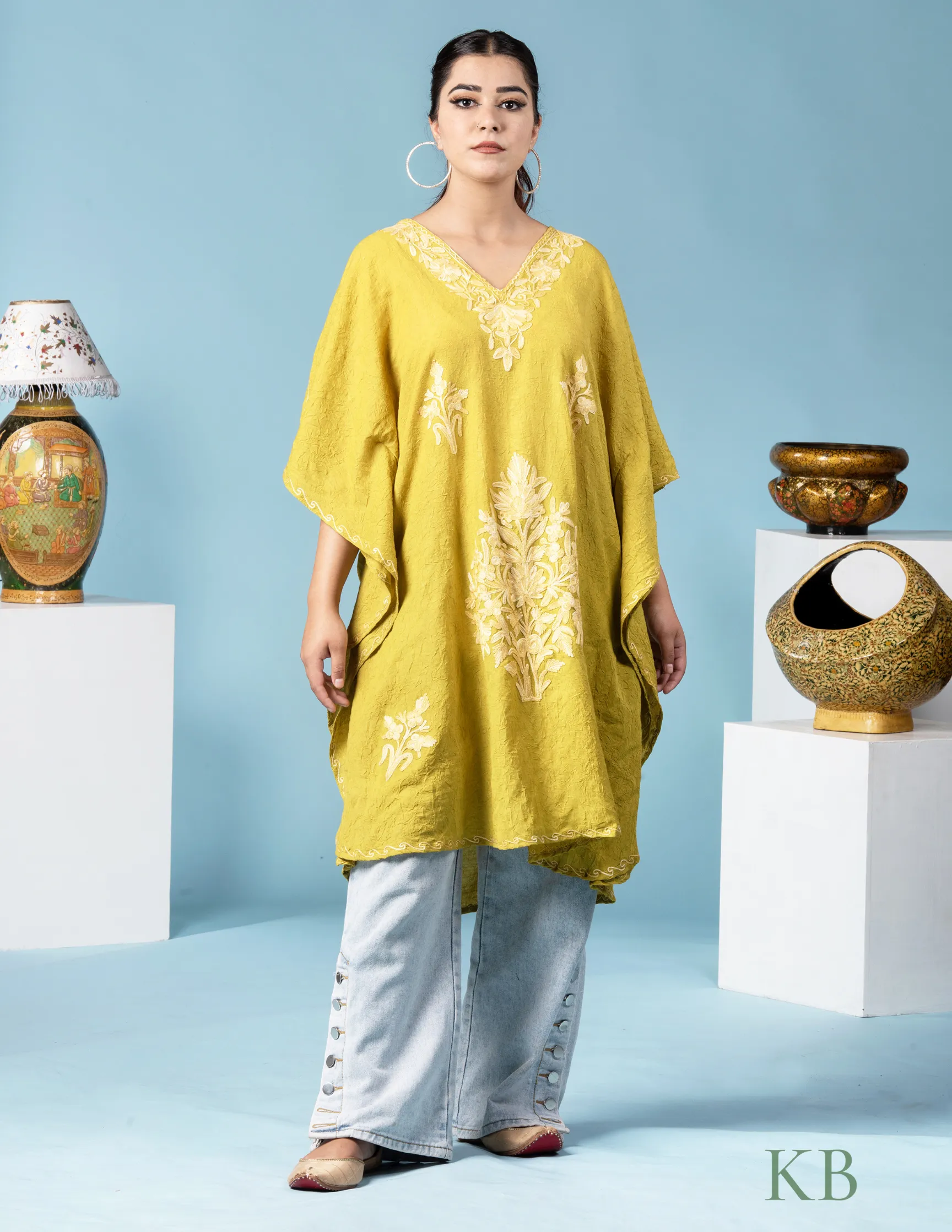 Apple Yellow Cotton Aari Embroidered Short Summer Kaftan