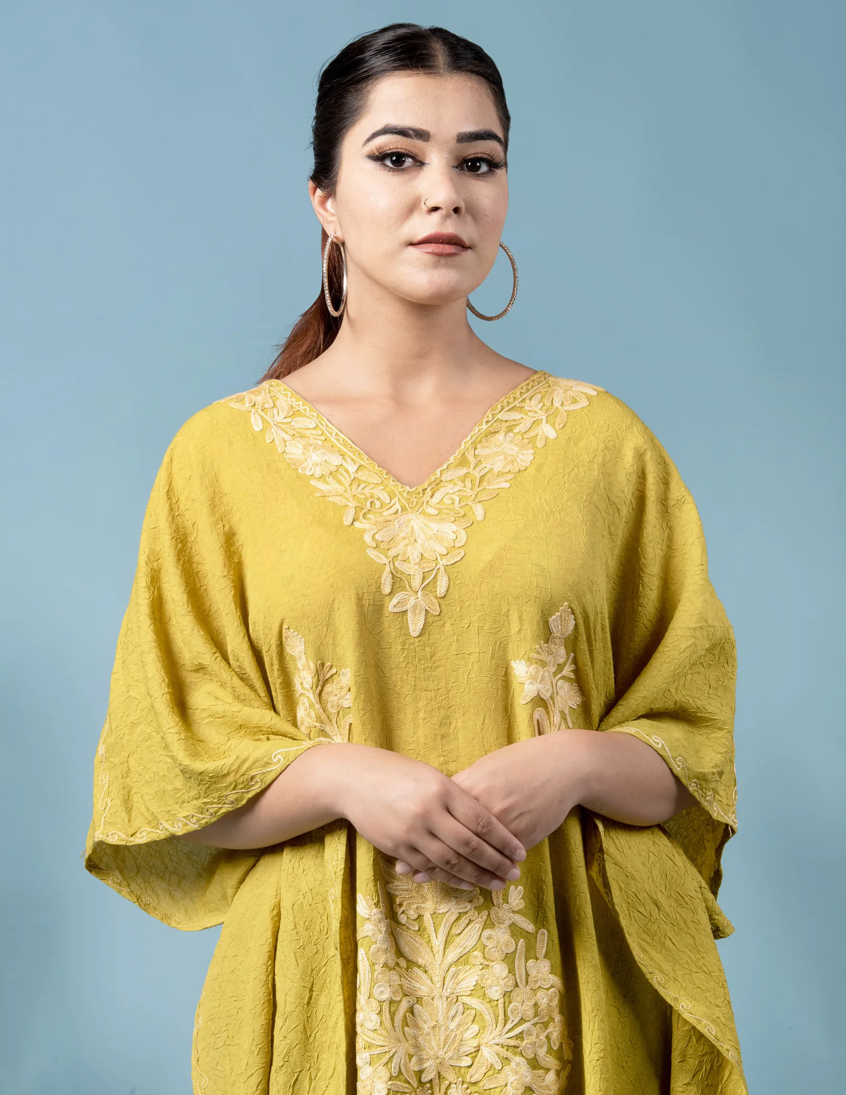 Apple Yellow Cotton Aari Embroidered Short Summer Kaftan
