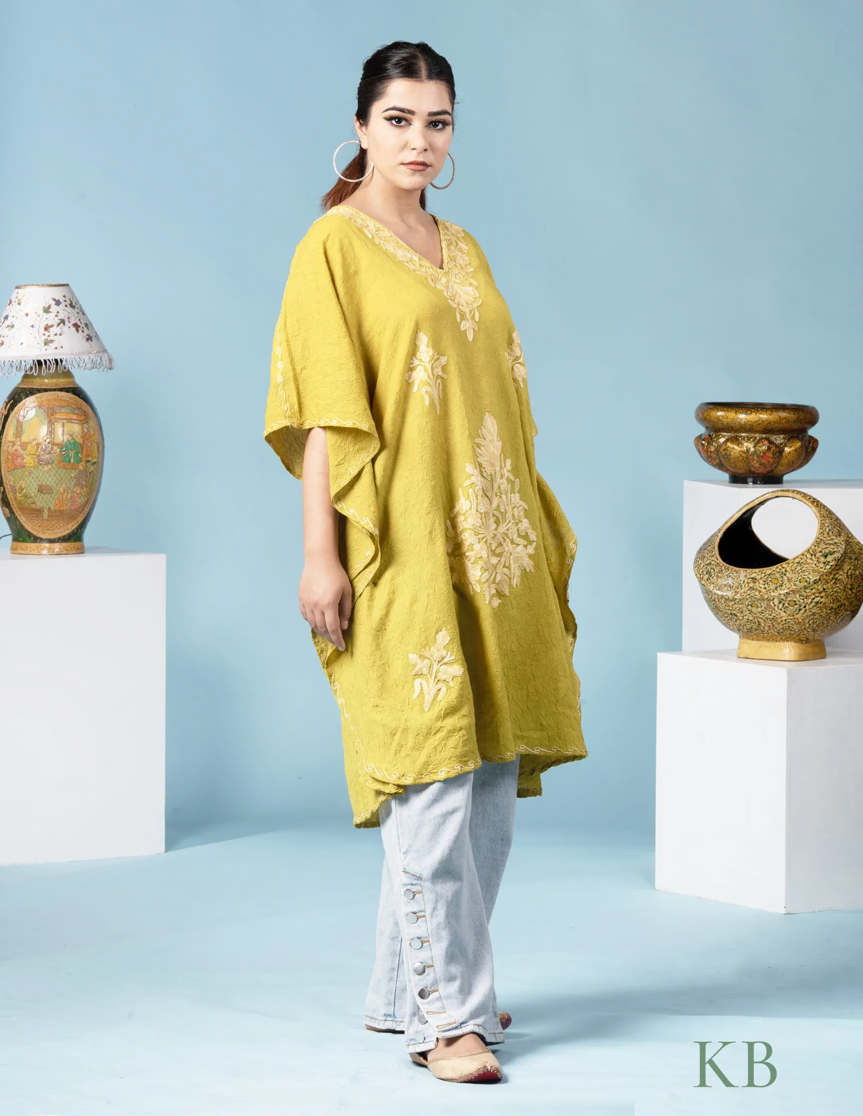 Apple Yellow Cotton Aari Embroidered Short Summer Kaftan