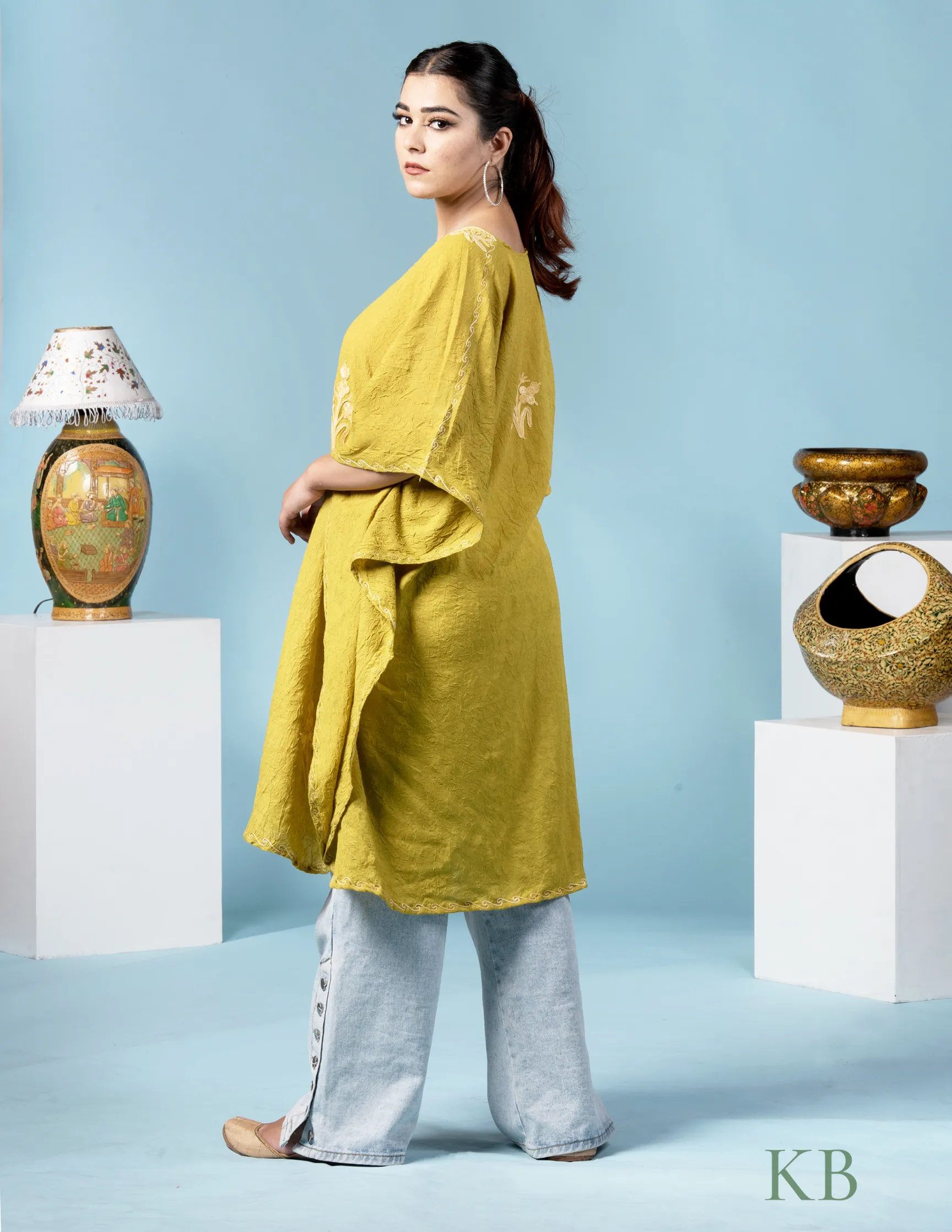Apple Yellow Cotton Aari Embroidered Short Summer Kaftan