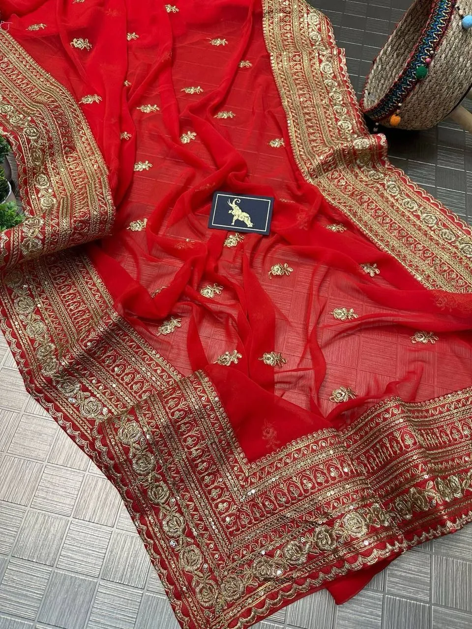 Attractive Red Color Designer Party Wear Georgette Embroidery Work Sequins Saree For Women