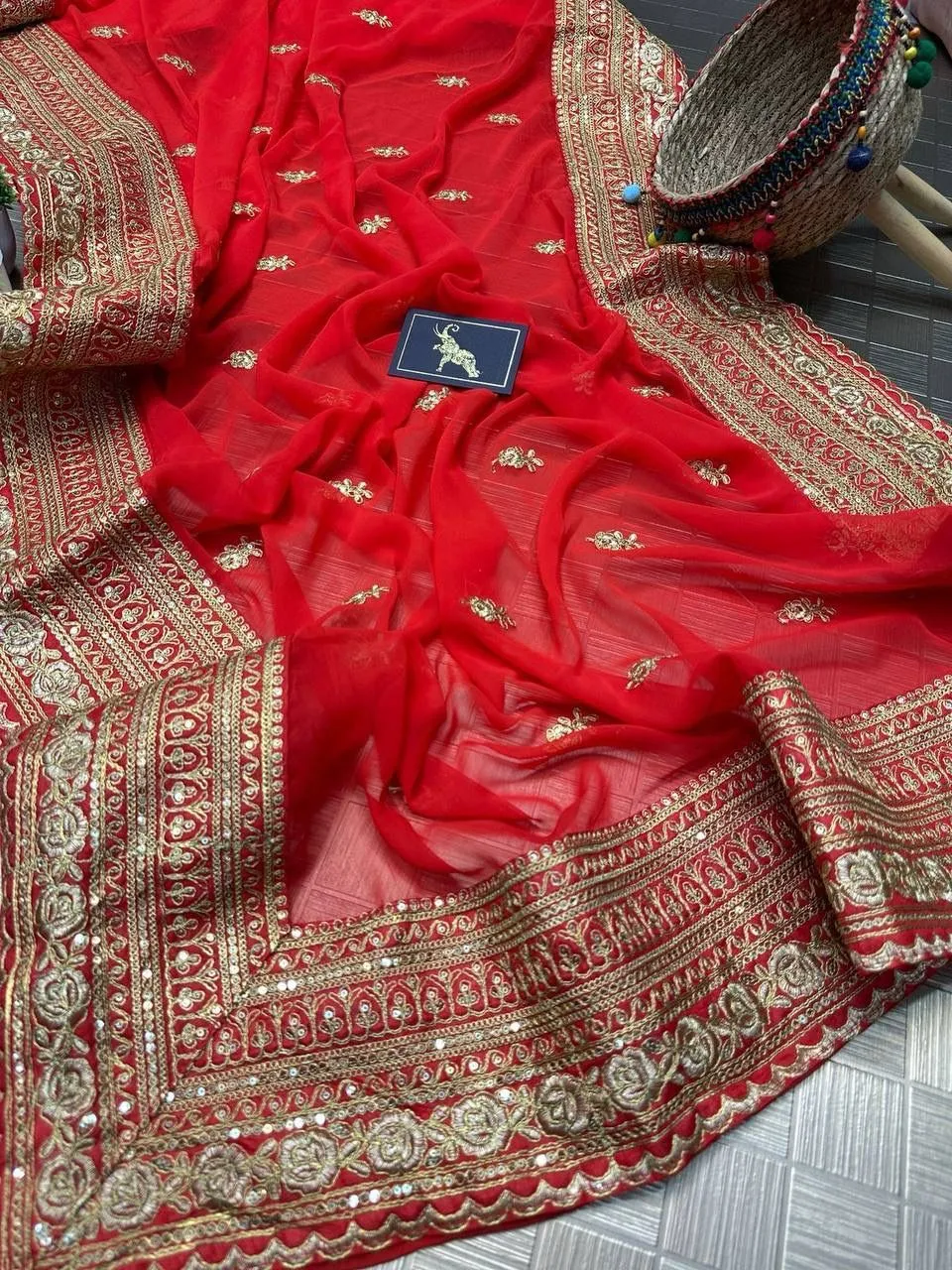Attractive Red Color Designer Party Wear Georgette Embroidery Work Sequins Saree For Women