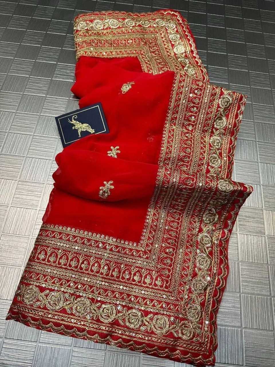 Attractive Red Color Designer Party Wear Georgette Embroidery Work Sequins Saree For Women