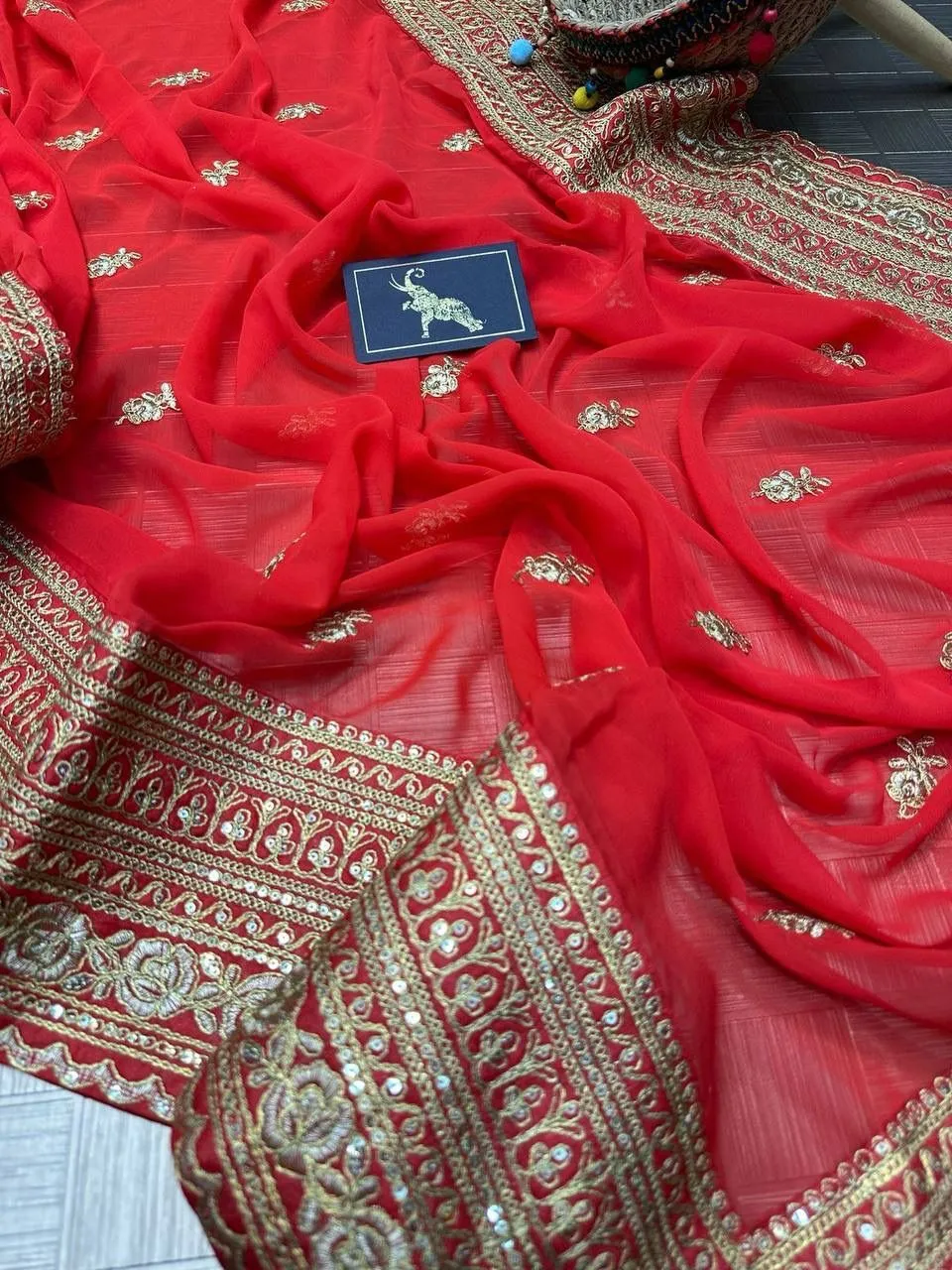 Attractive Red Color Designer Party Wear Georgette Embroidery Work Sequins Saree For Women