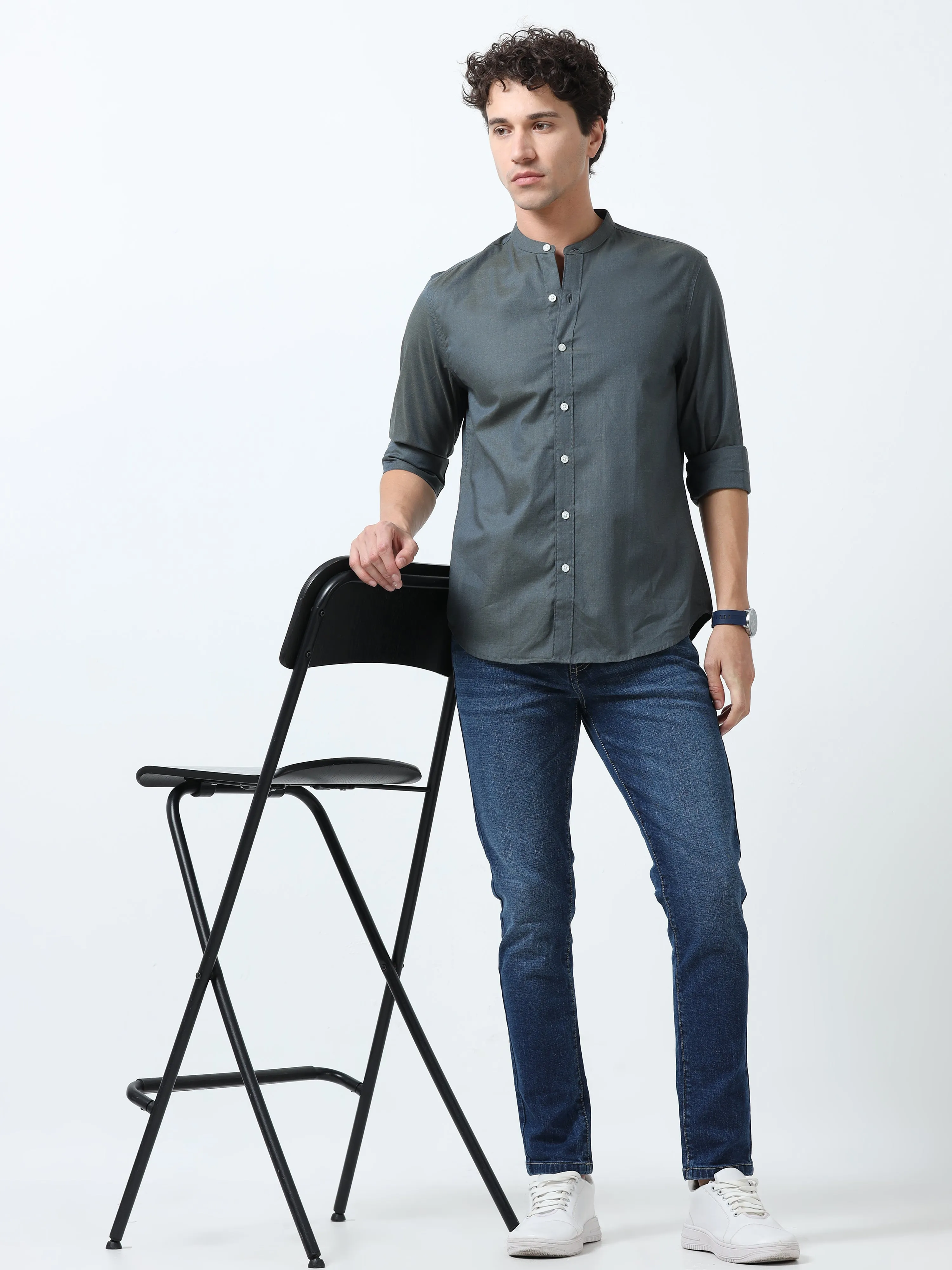Beckett - Mandarin Collar Plain Shirt - Cement Blue