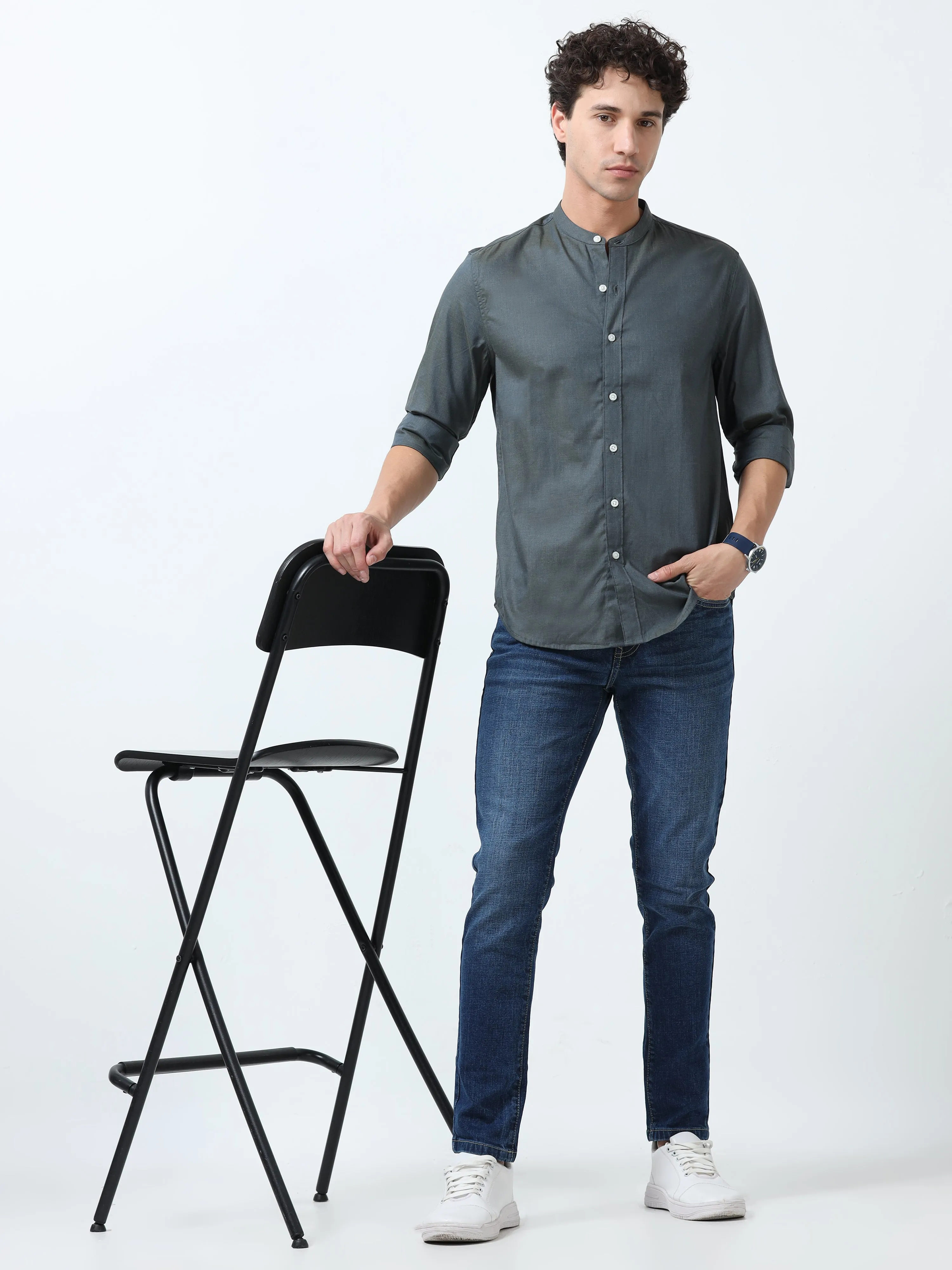 Beckett - Mandarin Collar Plain Shirt - Cement Blue