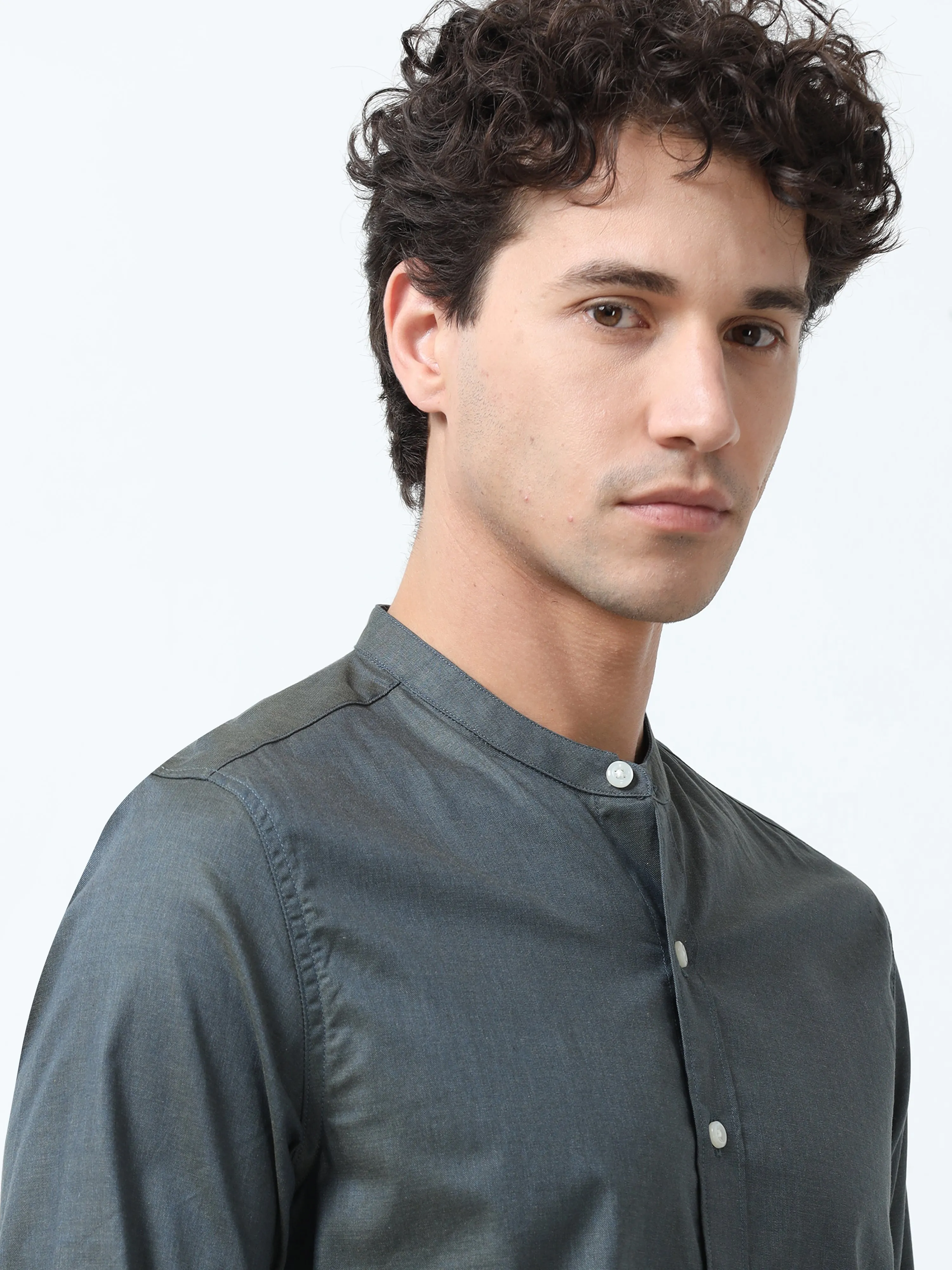 Beckett - Mandarin Collar Plain Shirt - Cement Blue
