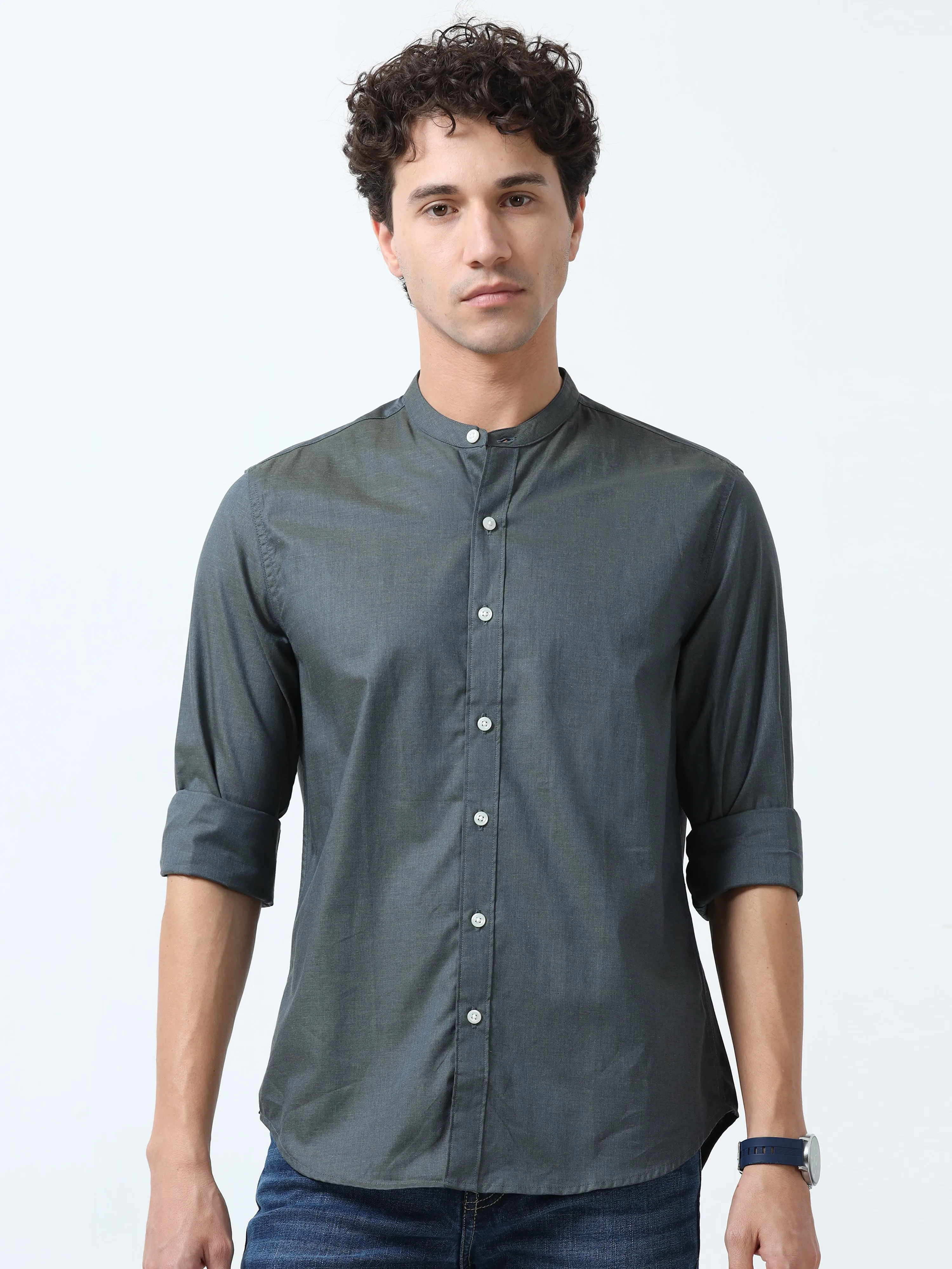 Beckett - Mandarin Collar Plain Shirt - Cement Blue