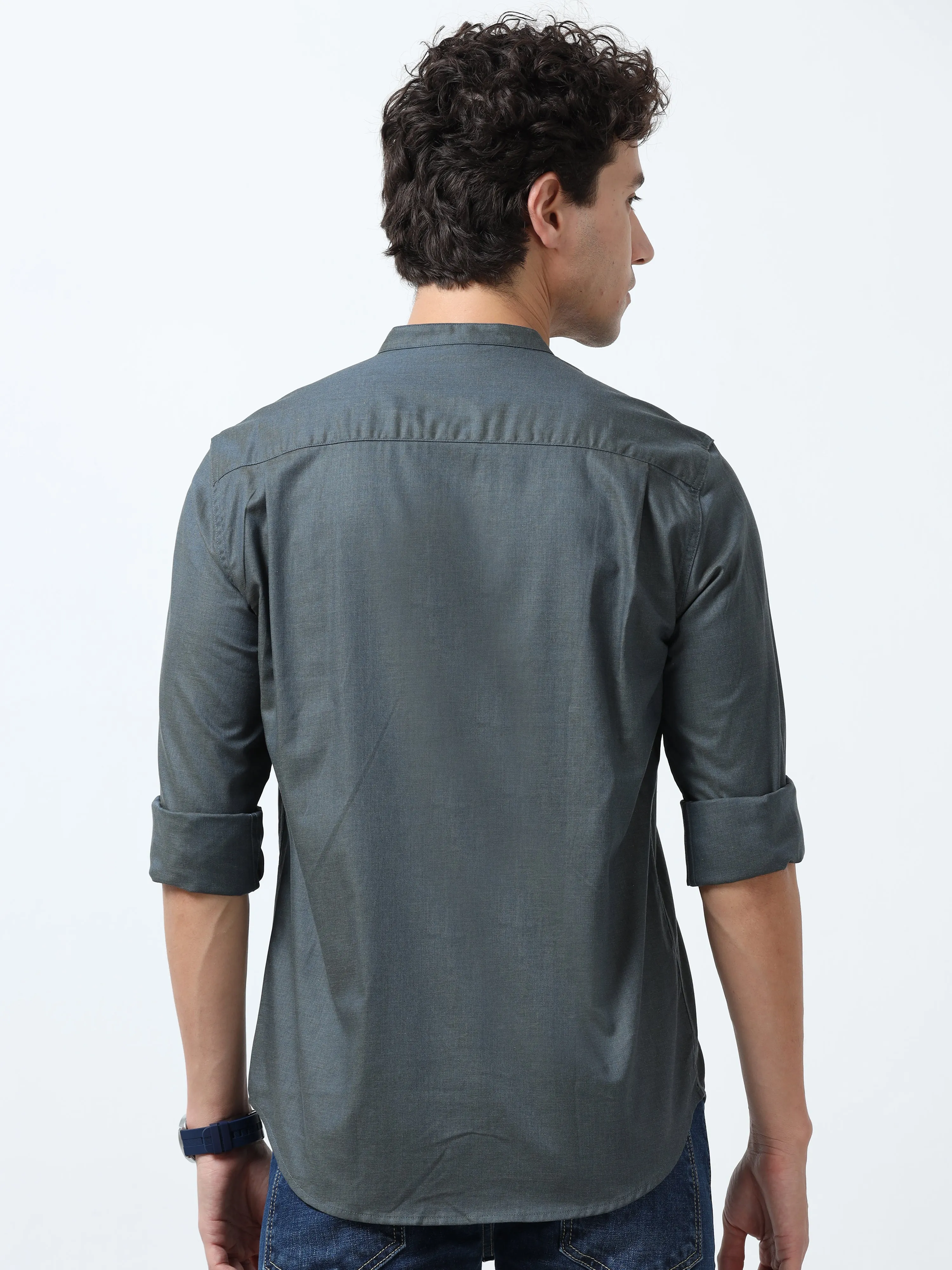 Beckett - Mandarin Collar Plain Shirt - Cement Blue