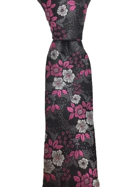 Black Tie with Pink and Light Silver Flowers