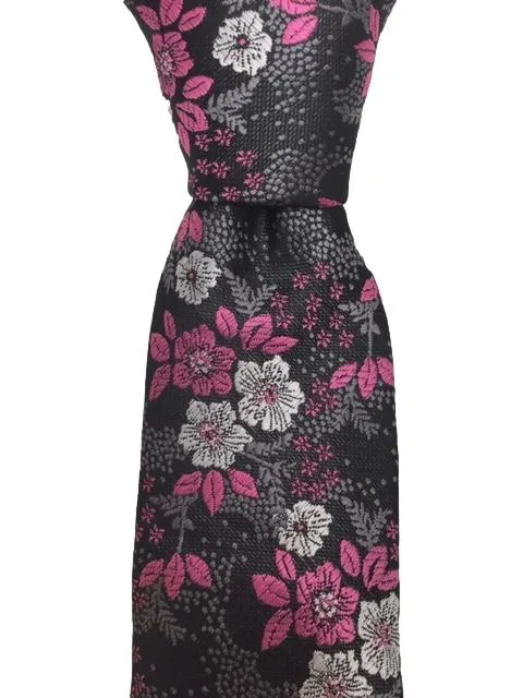 Black Tie with Pink and Light Silver Flowers