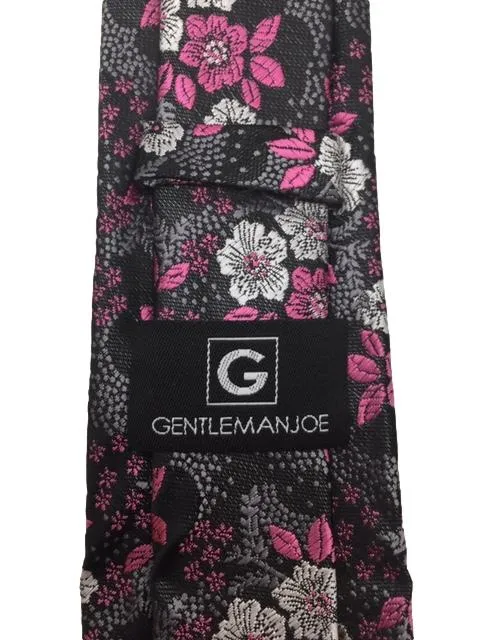 Black Tie with Pink and Light Silver Flowers