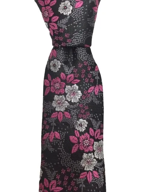 Black Tie with Pink and Light Silver Flowers