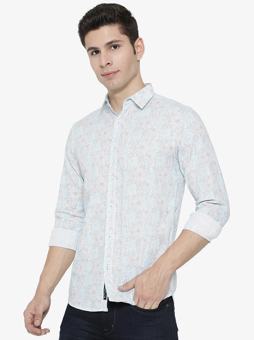 Blue & White Printed Slim Fit Semi Casual Shirt | JadeBlue