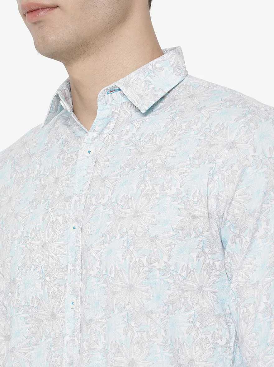 Blue & White Printed Slim Fit Semi Casual Shirt | JadeBlue