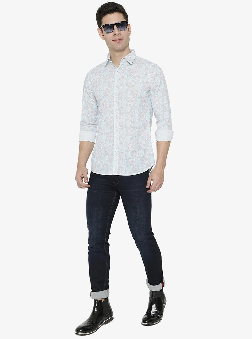 Blue & White Printed Slim Fit Semi Casual Shirt | JadeBlue