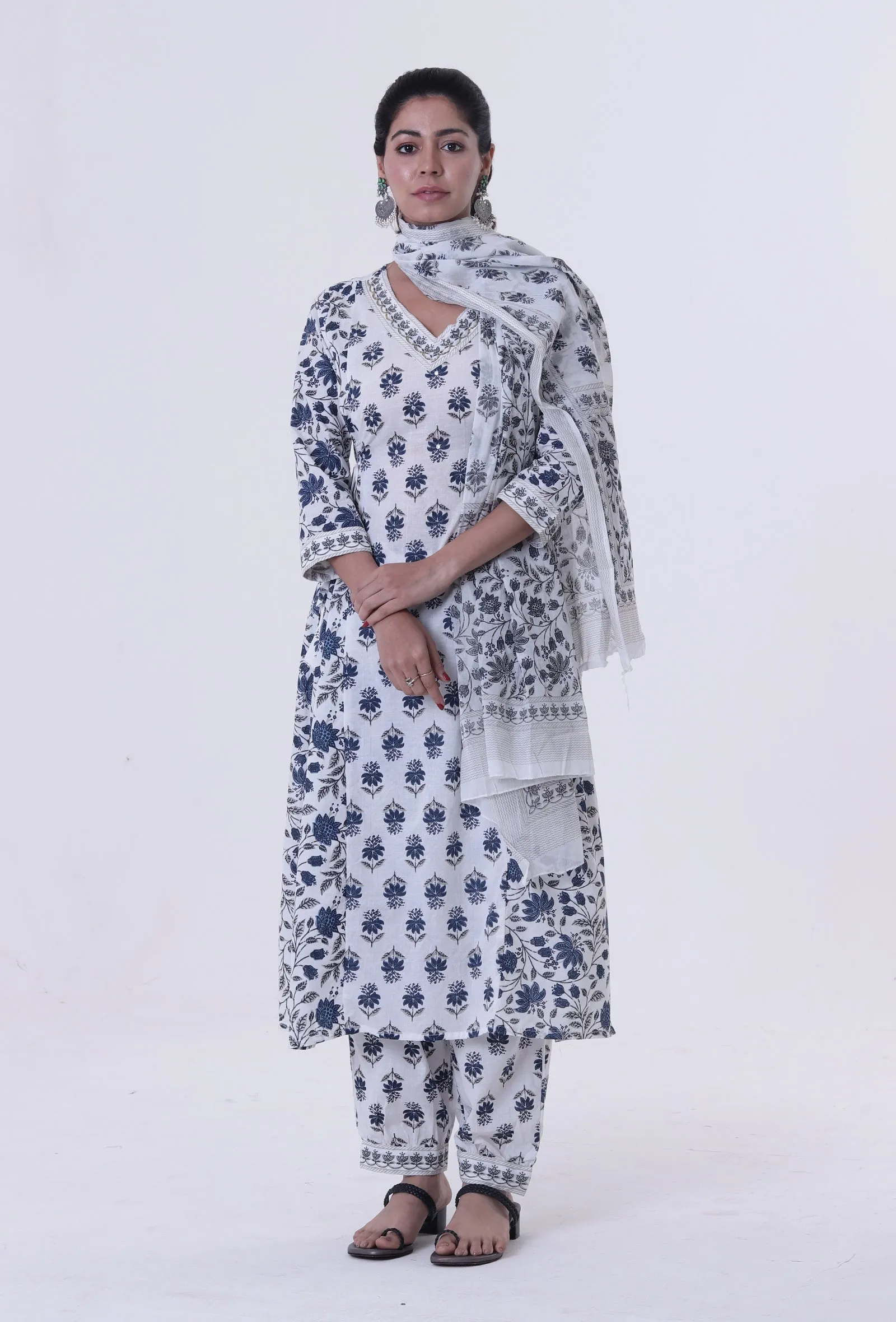Blue Motif White Cotton Dupatta