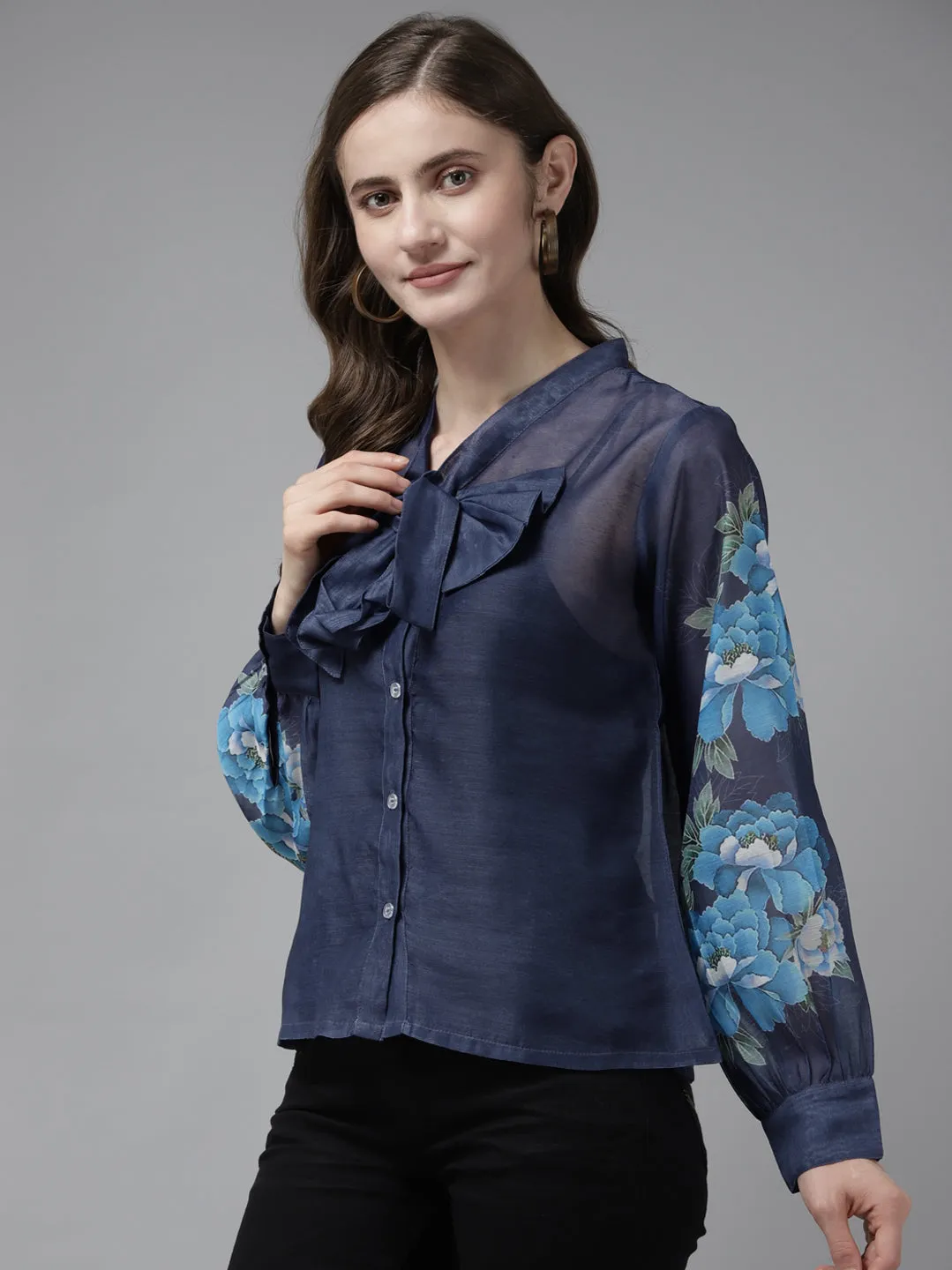 Blue Printed Sleeve Front Open Top