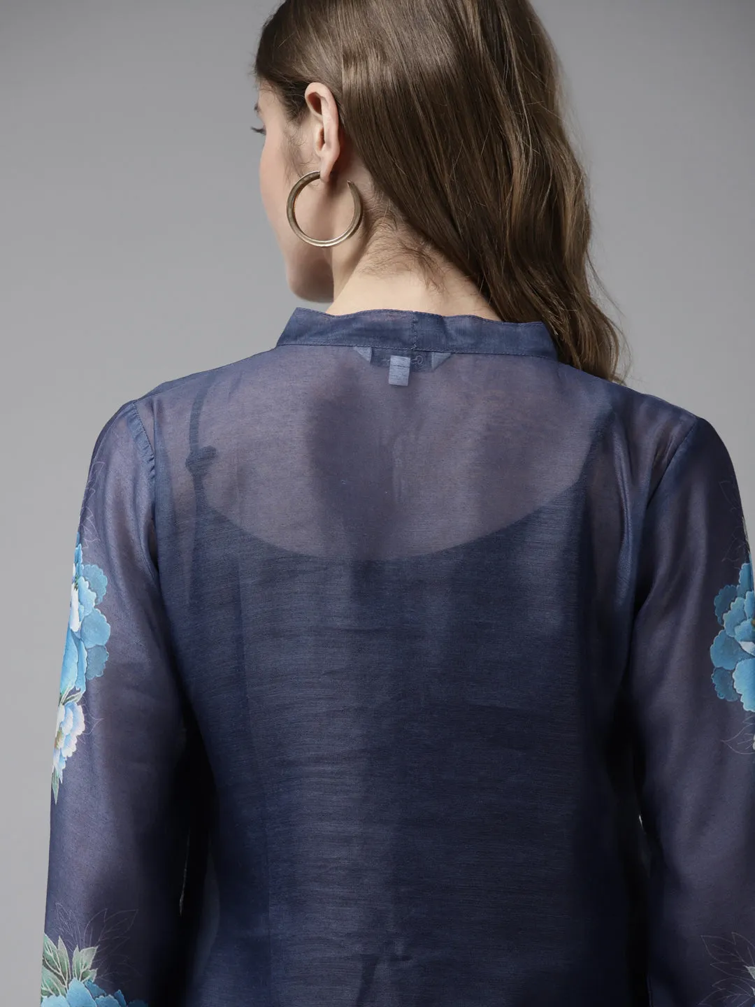 Blue Printed Sleeve Front Open Top