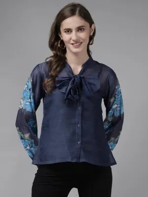 Blue Printed Sleeve Front Open Top