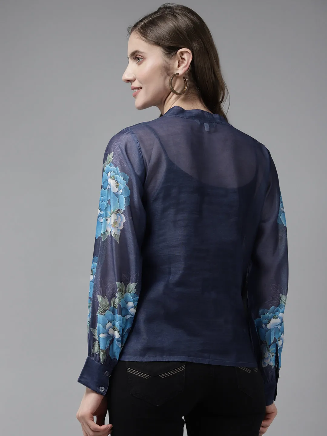 Blue Printed Sleeve Front Open Top