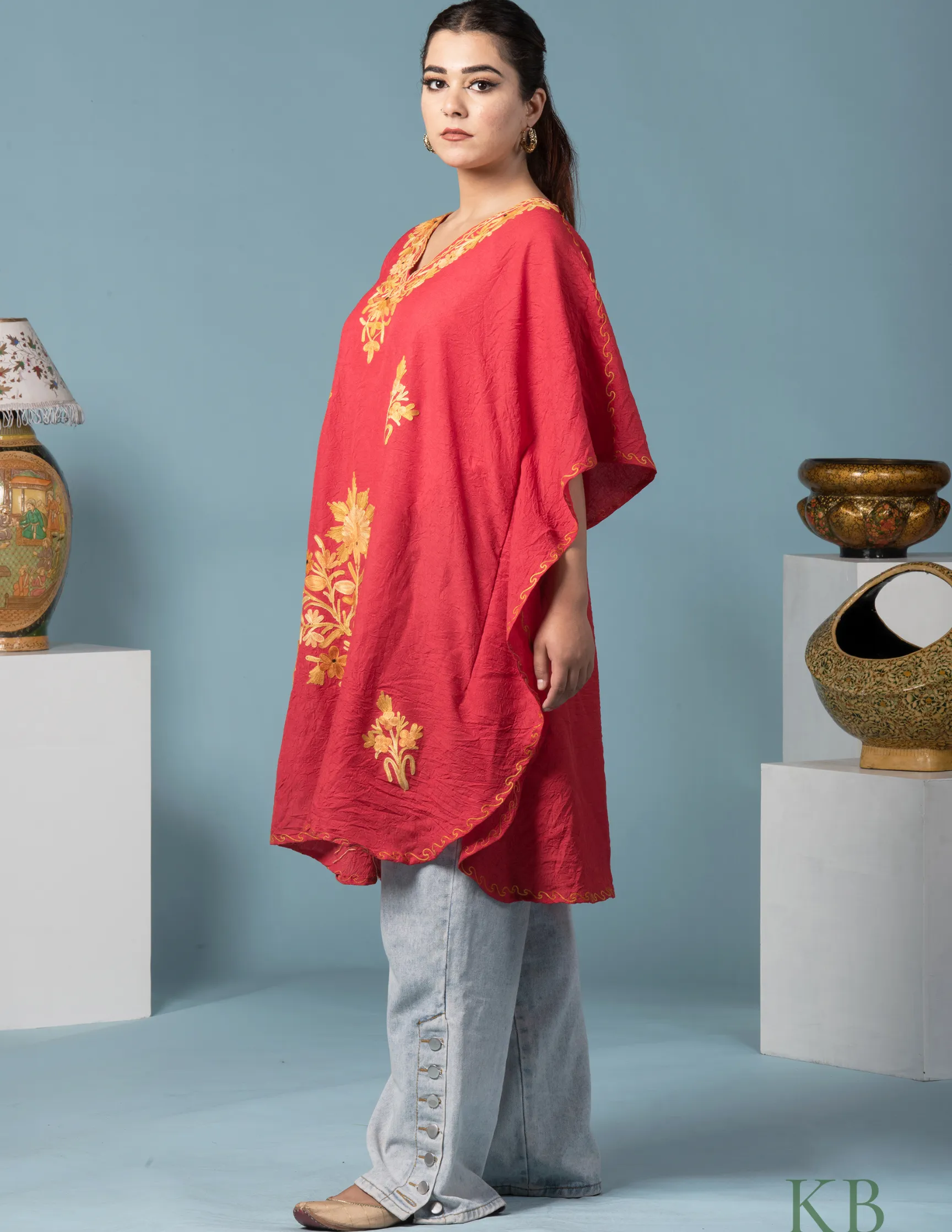 Bright Red Cotton Aari Embroidered Short Summer Kaftan