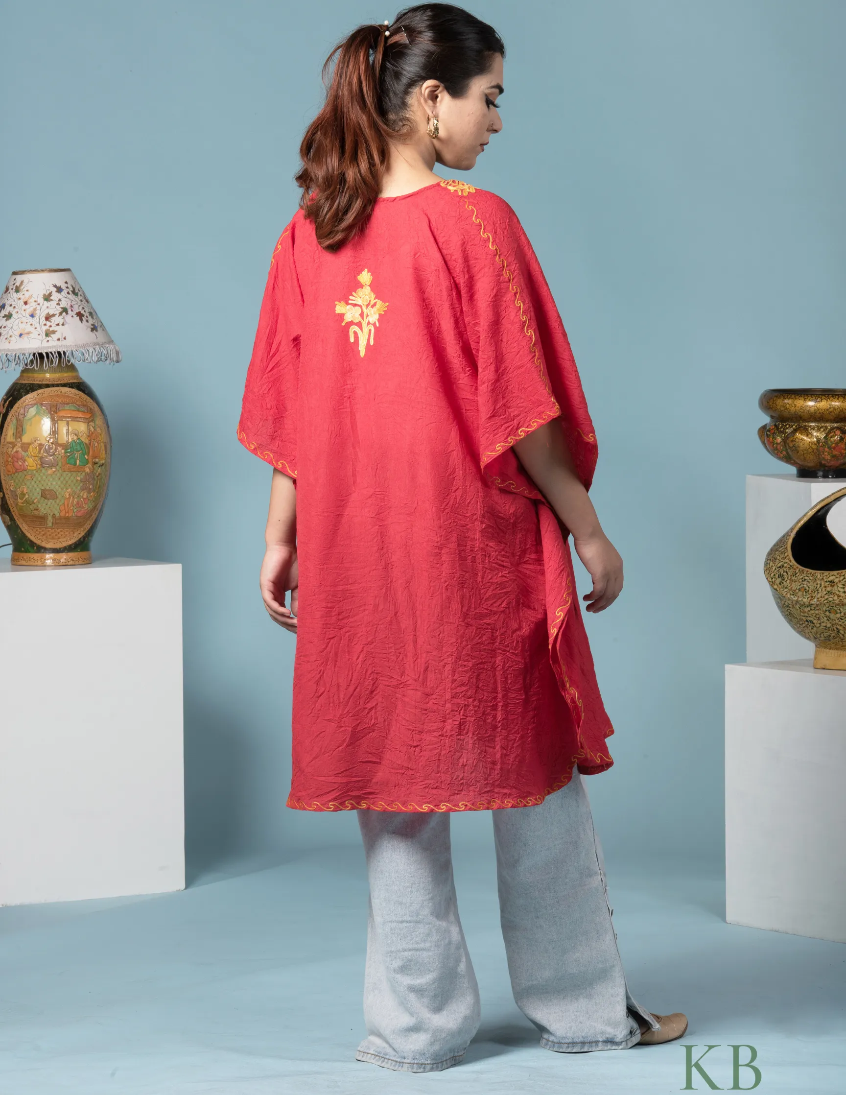 Bright Red Cotton Aari Embroidered Short Summer Kaftan