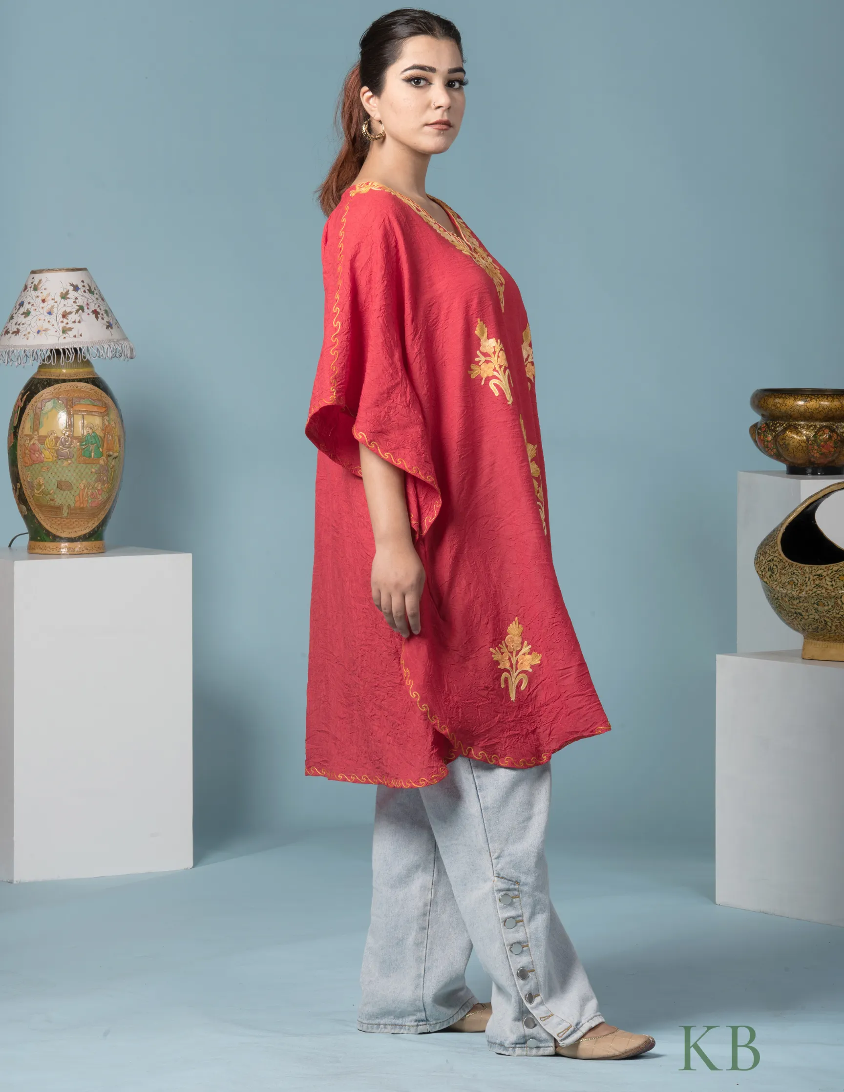 Bright Red Cotton Aari Embroidered Short Summer Kaftan