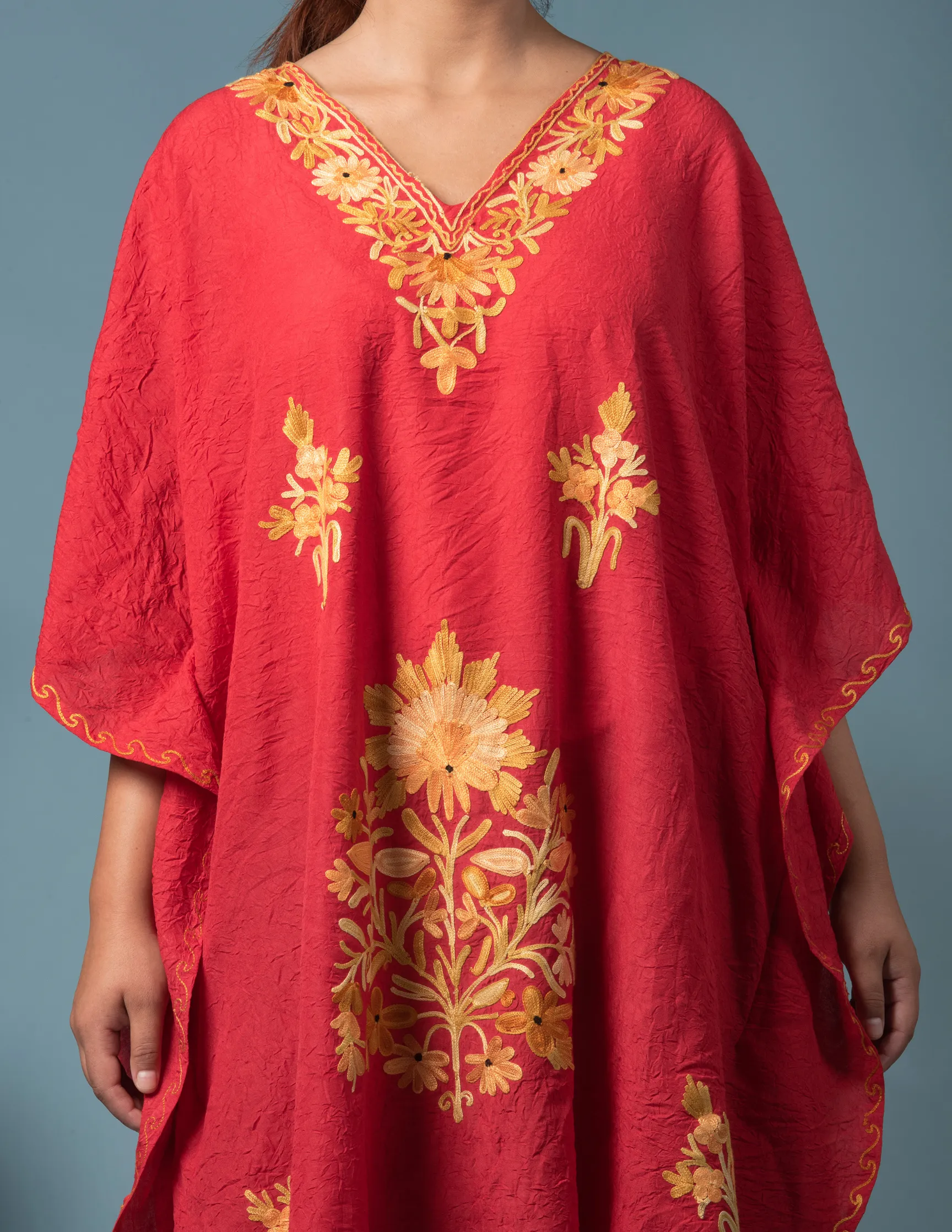 Bright Red Cotton Aari Embroidered Short Summer Kaftan