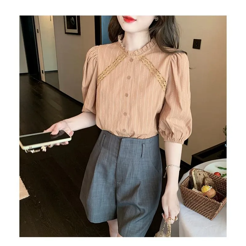 Bubble Sleeve Lace Stand-Up Collar Patchwork Stripe Blouse
