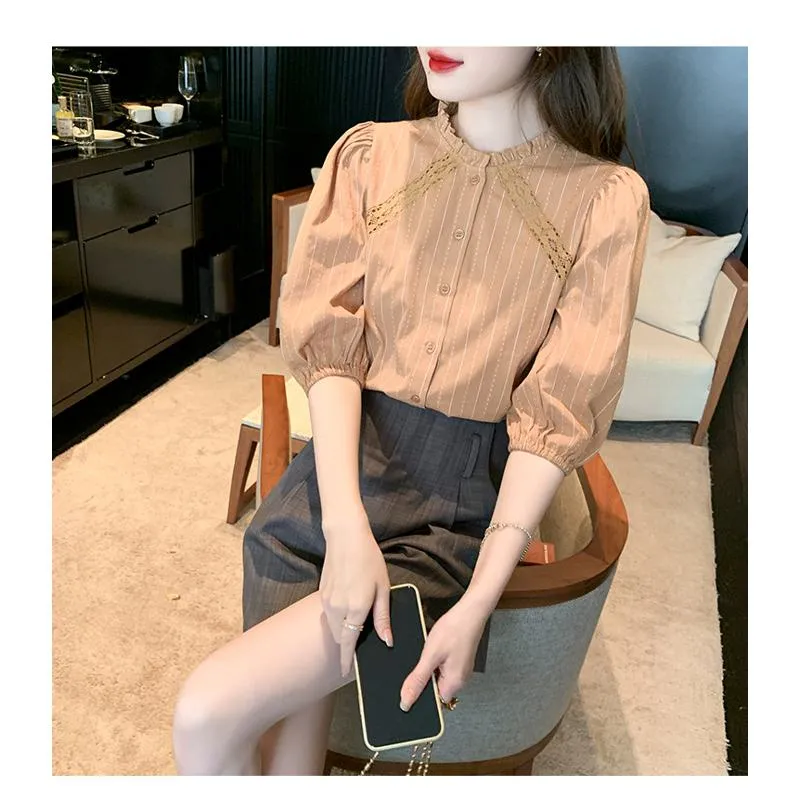 Bubble Sleeve Lace Stand-Up Collar Patchwork Stripe Blouse