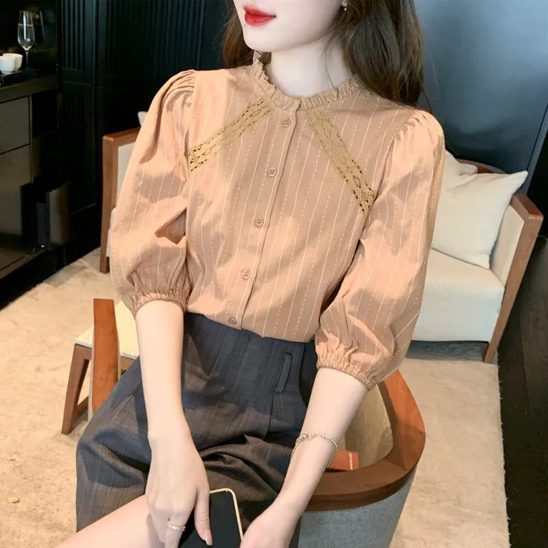 Bubble Sleeve Lace Stand-Up Collar Patchwork Stripe Blouse