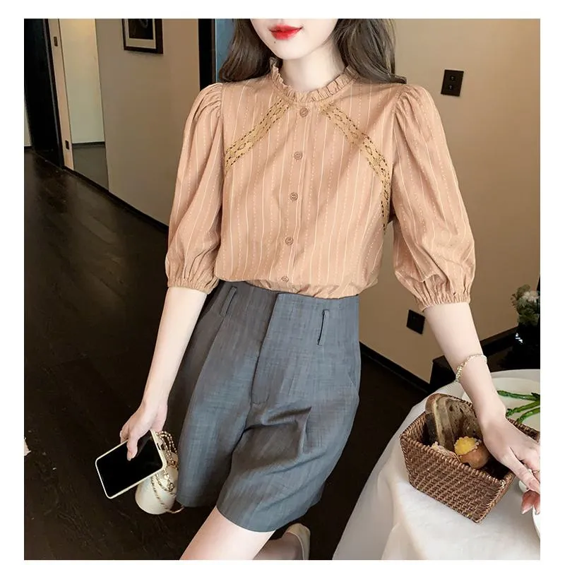 Bubble Sleeve Lace Stand-Up Collar Patchwork Stripe Blouse