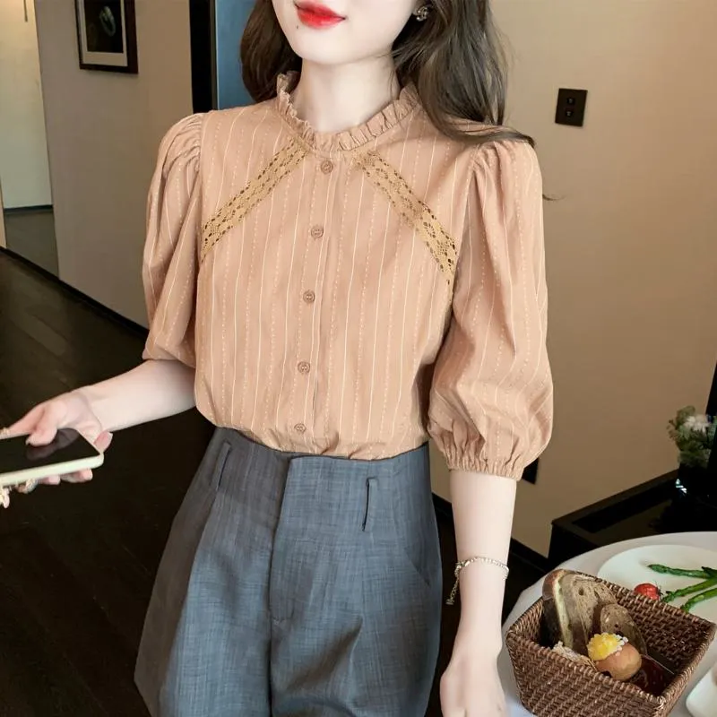 Bubble Sleeve Lace Stand-Up Collar Patchwork Stripe Blouse