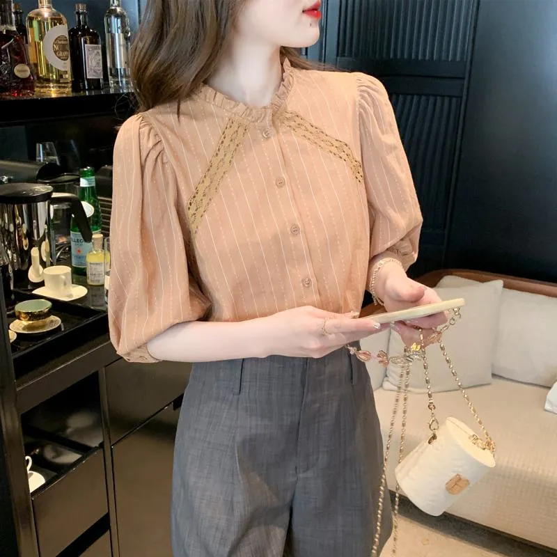 Bubble Sleeve Lace Stand-Up Collar Patchwork Stripe Blouse