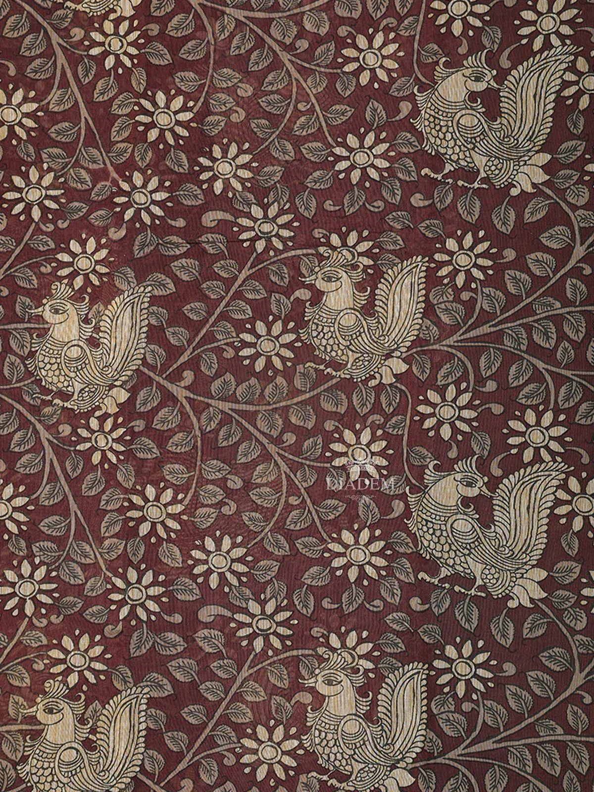 Burgundy Chanderi Silk Saree with Peacock and Floral Prints on the Body with Designed Border