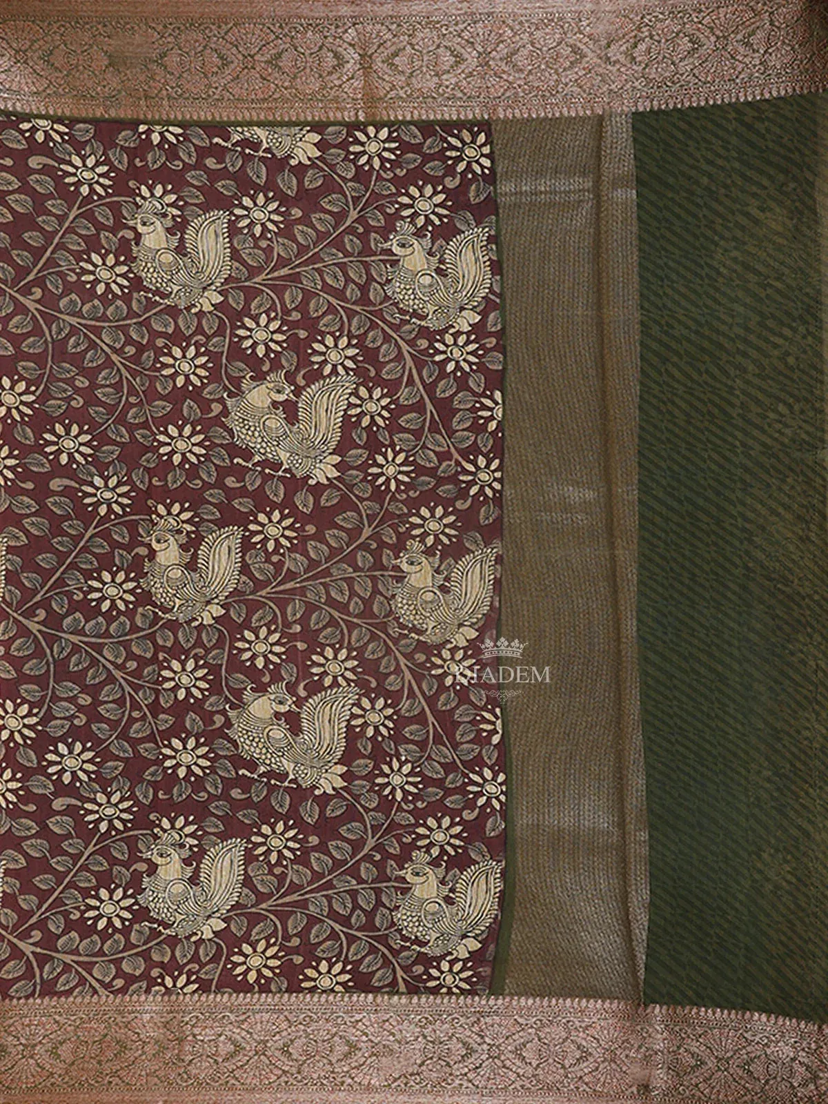 Burgundy Chanderi Silk Saree with Peacock and Floral Prints on the Body with Designed Border