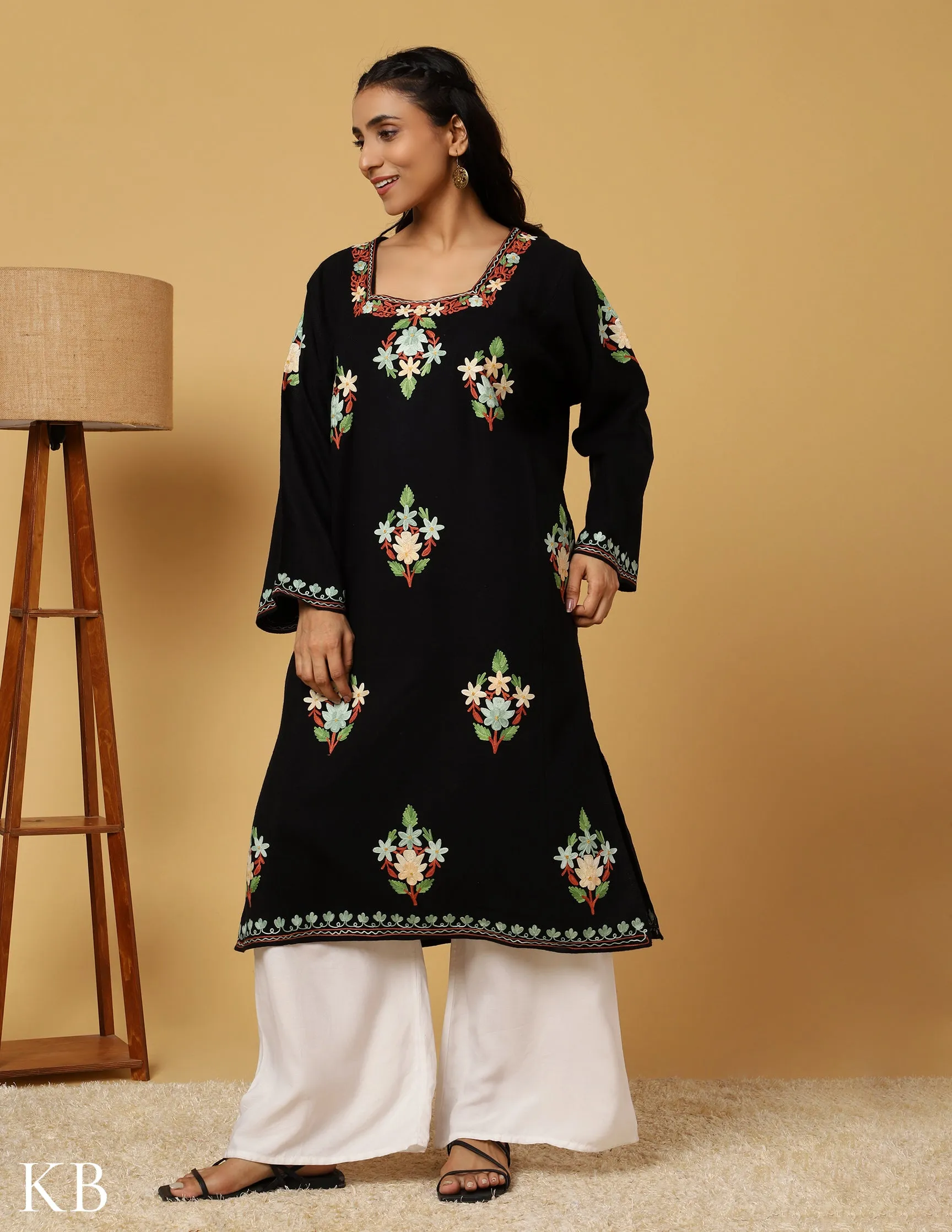 Charcoal Black Aari Embroidered Cashmilon Phiran