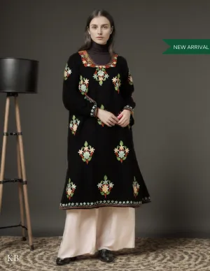 Charcoal Black Aari Embroidered Cashmilon Phiran