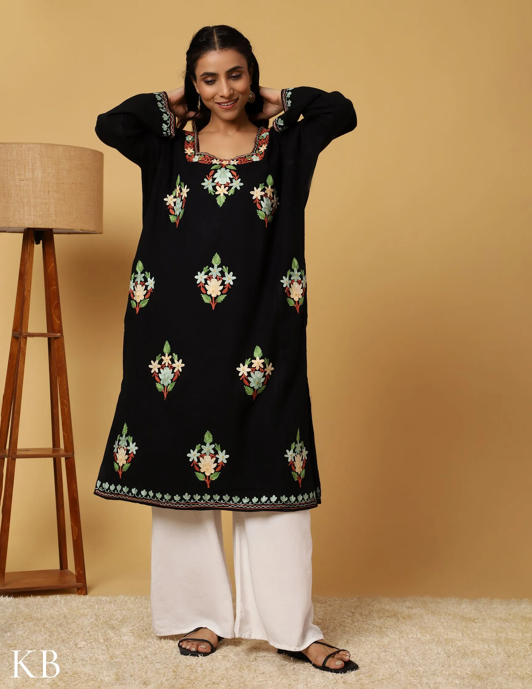 Charcoal Black Aari Embroidered Cashmilon Phiran