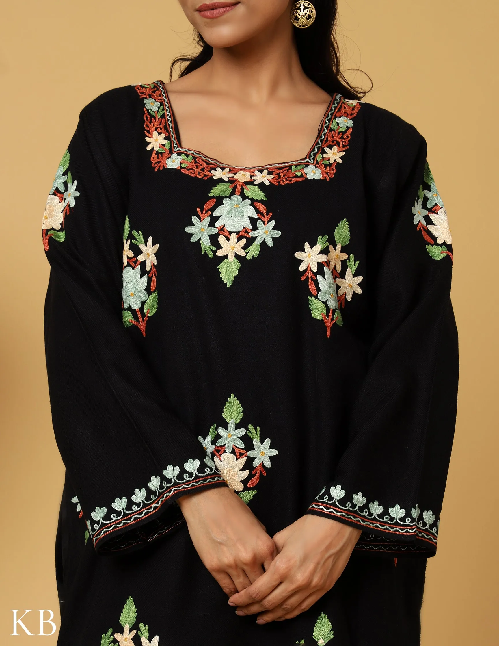 Charcoal Black Aari Embroidered Cashmilon Phiran