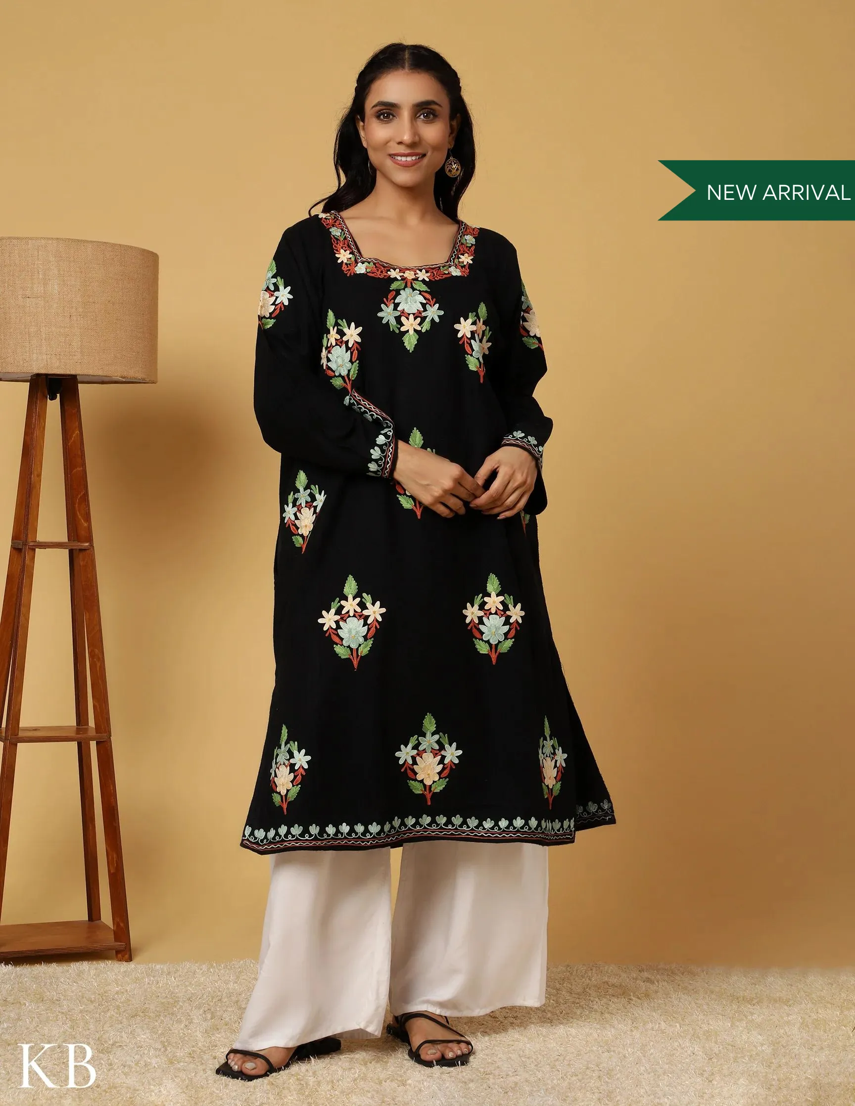 Charcoal Black Aari Embroidered Cashmilon Phiran