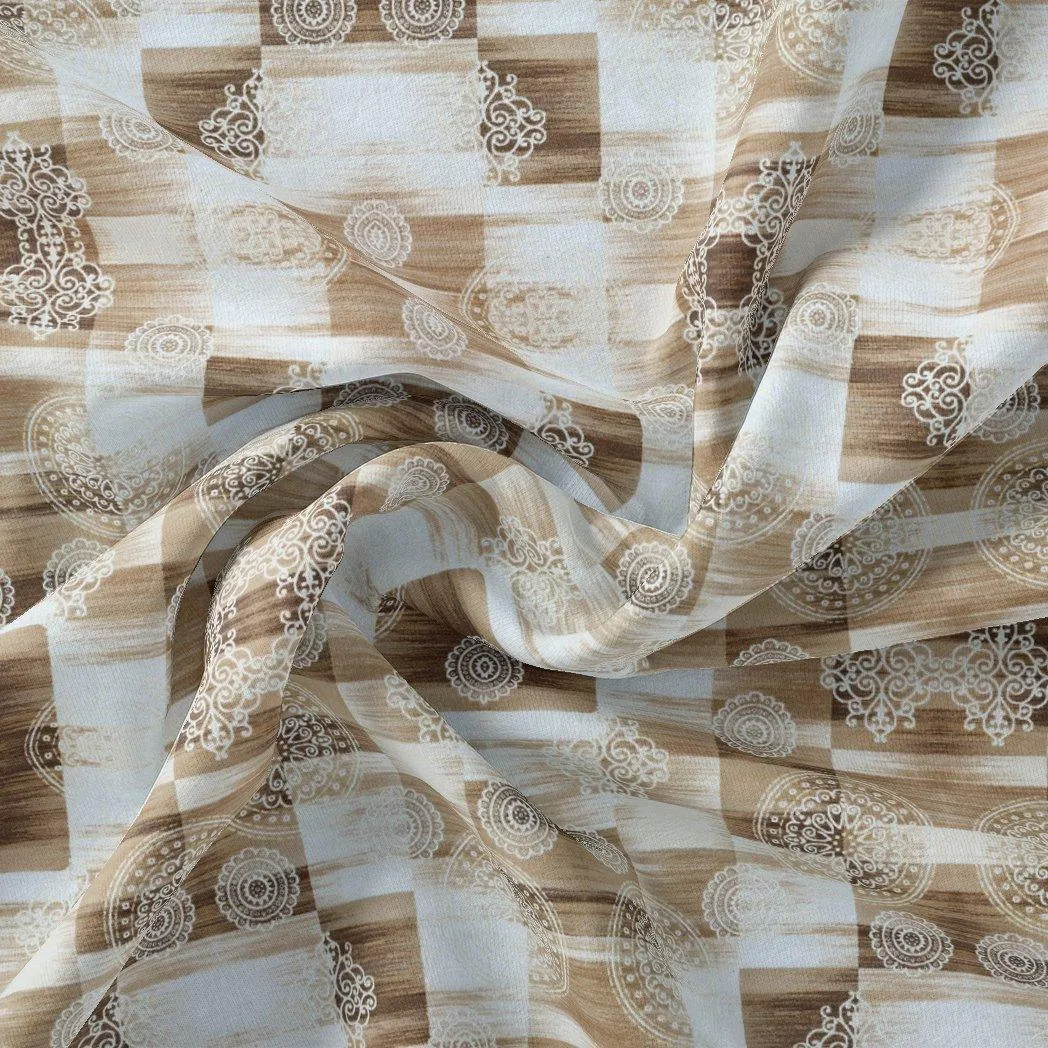 Checkered Pattern With Decorative Motifs Digital Printed Fabric - Muslin