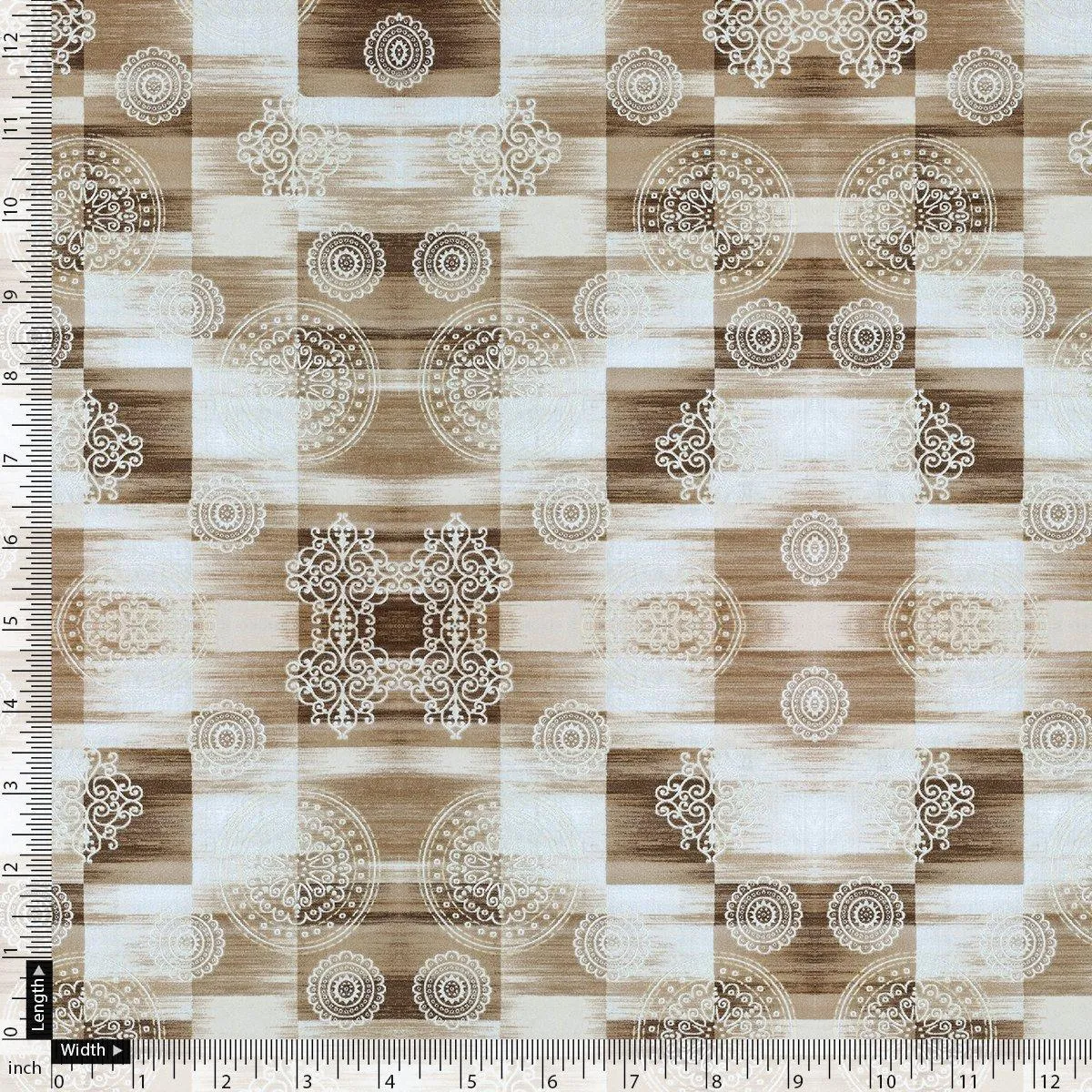 Checkered Pattern With Decorative Motifs Digital Printed Fabric - Muslin