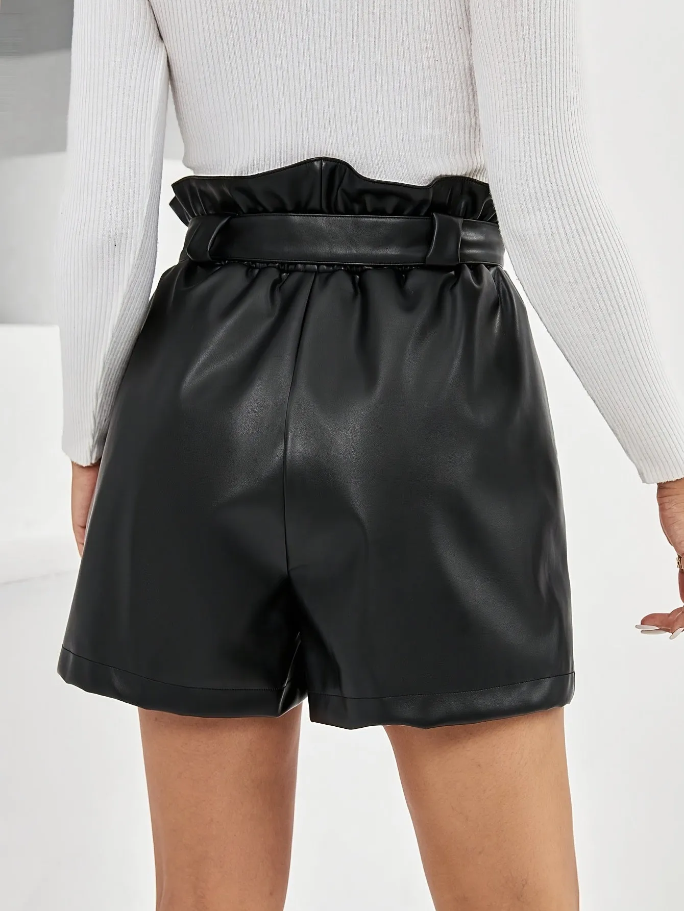 Chic Faux Leather Belt Shorts with Pocket Womens Fashion
