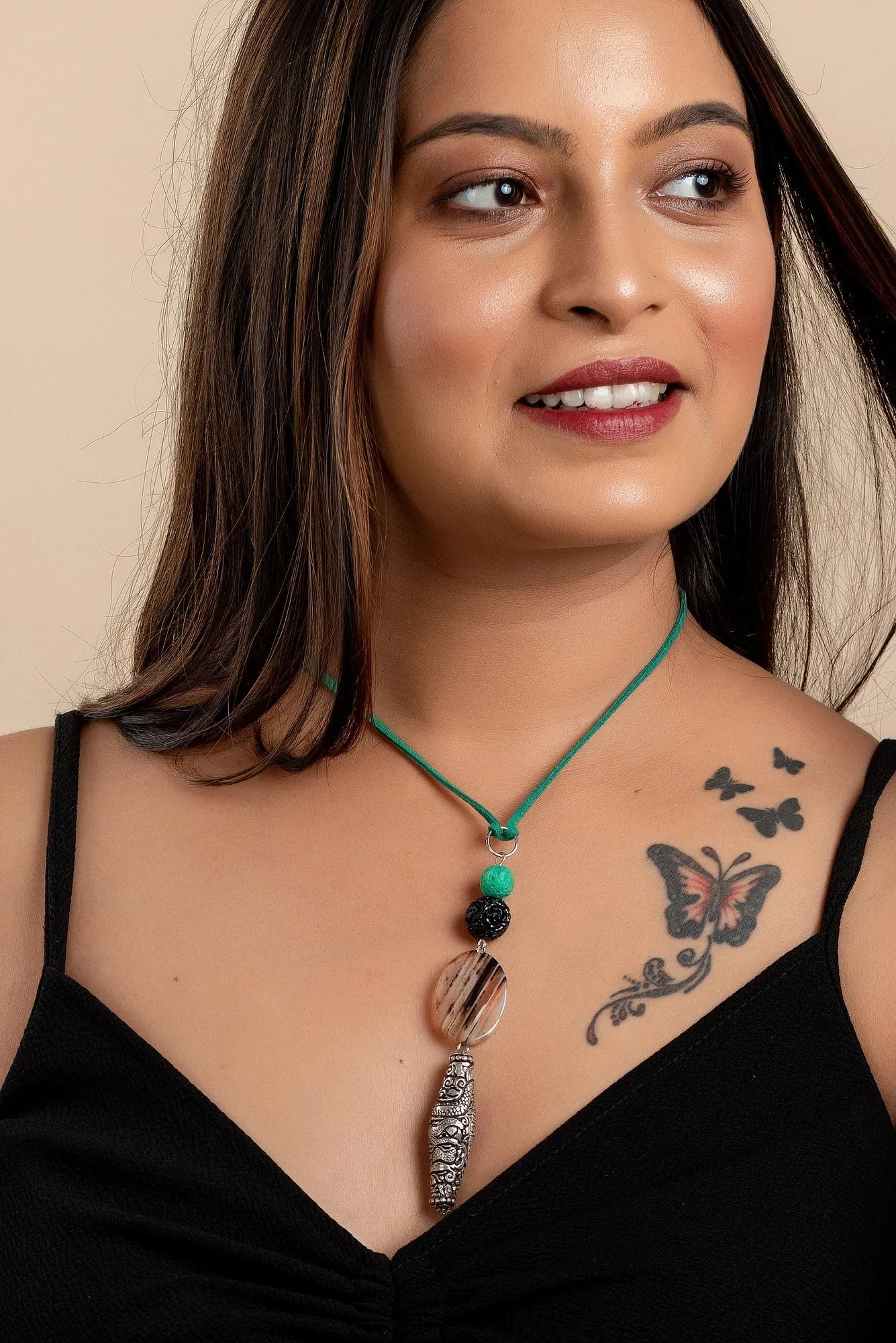Chitai Bead Semi Precious Stone Necklace with Adjustable Green Suede Cord, Handcrafted Cotton Design