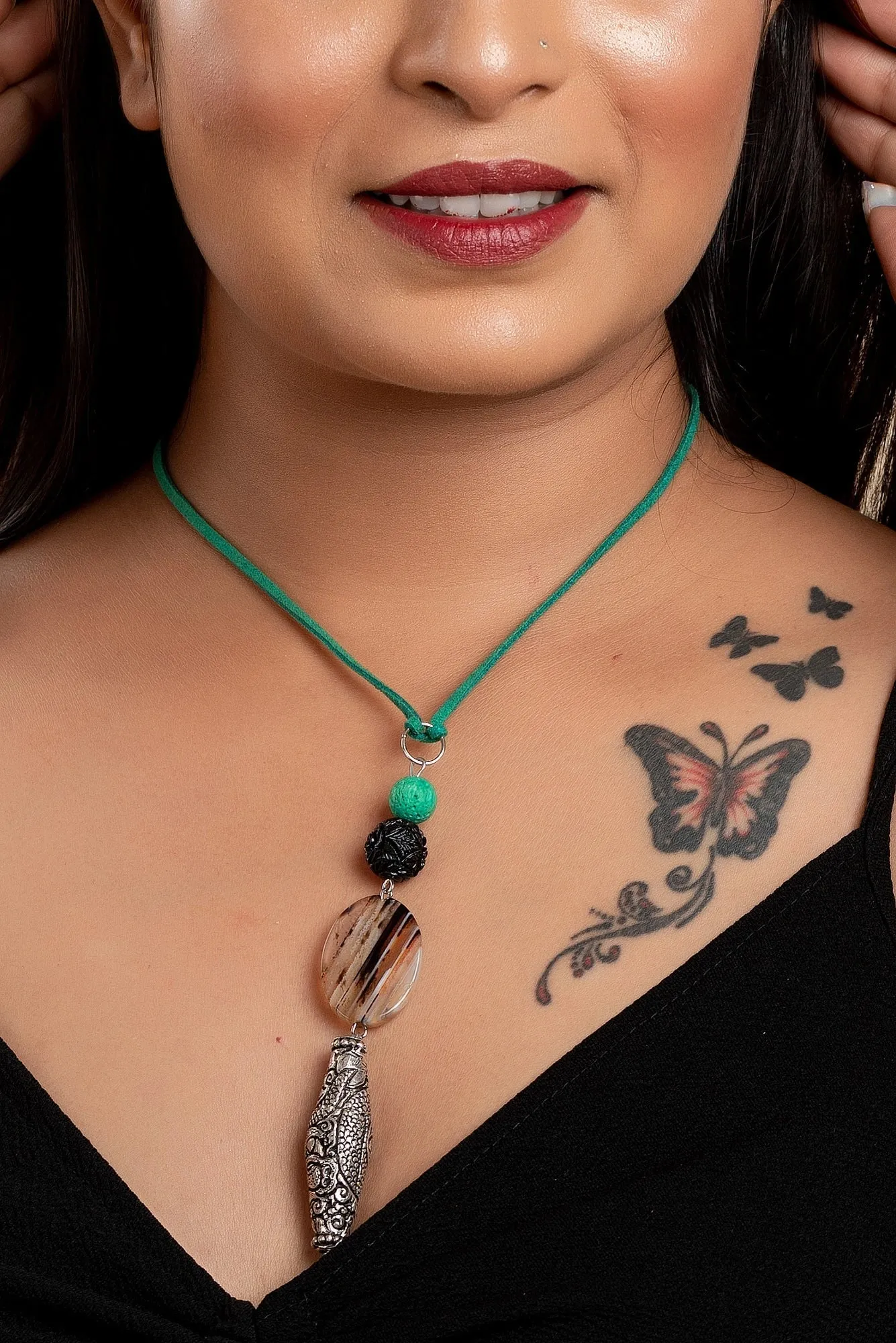 Chitai Bead Semi Precious Stone Necklace with Adjustable Green Suede Cord, Handcrafted Cotton Design