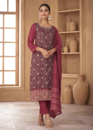 Classic Red Russian Silk Embroidered Pant Style Suit