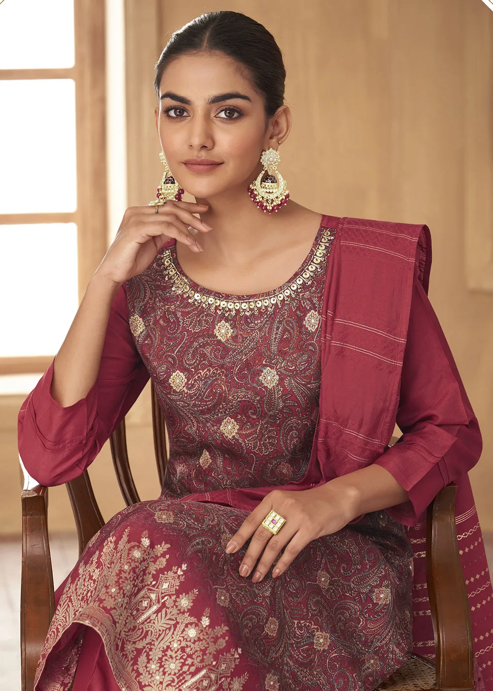 Classic Red Russian Silk Embroidered Pant Style Suit
